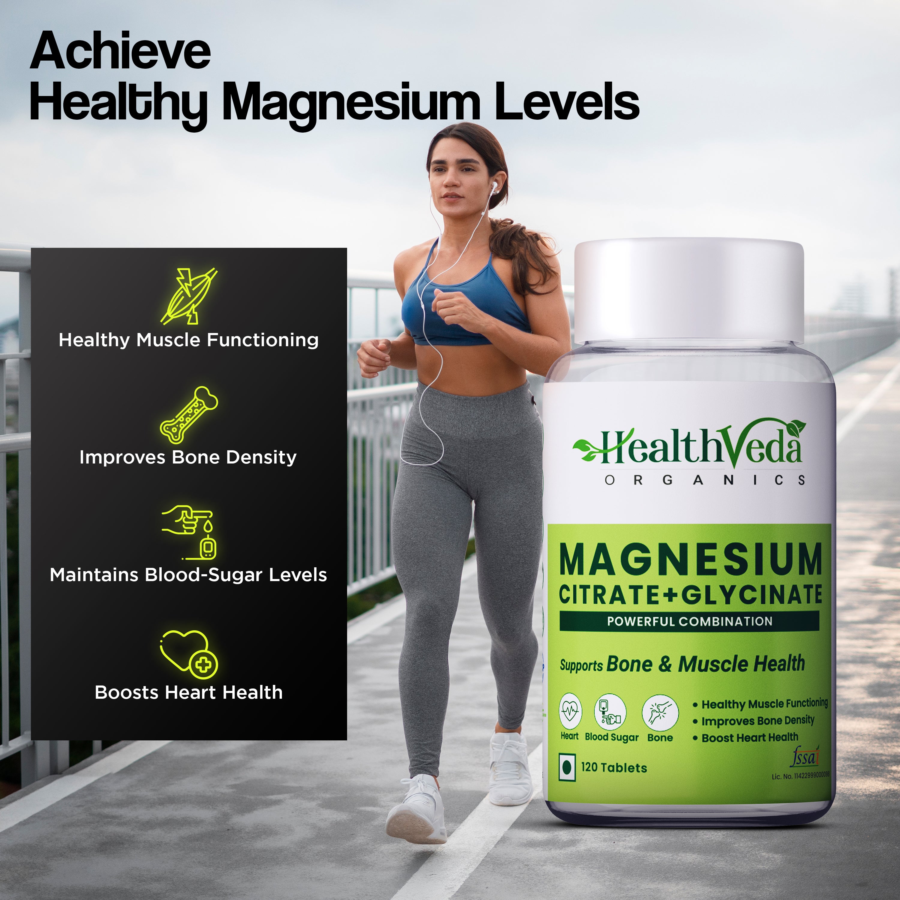 Health Veda Organics Magnesium Citrate+Glycinate 1648mg 120 Veg Tablets for Men & Women | for Healthy Muscle Functioning, Improves Bone Density, Nerve System, Boost Immunity, Relief and Natural Sleep