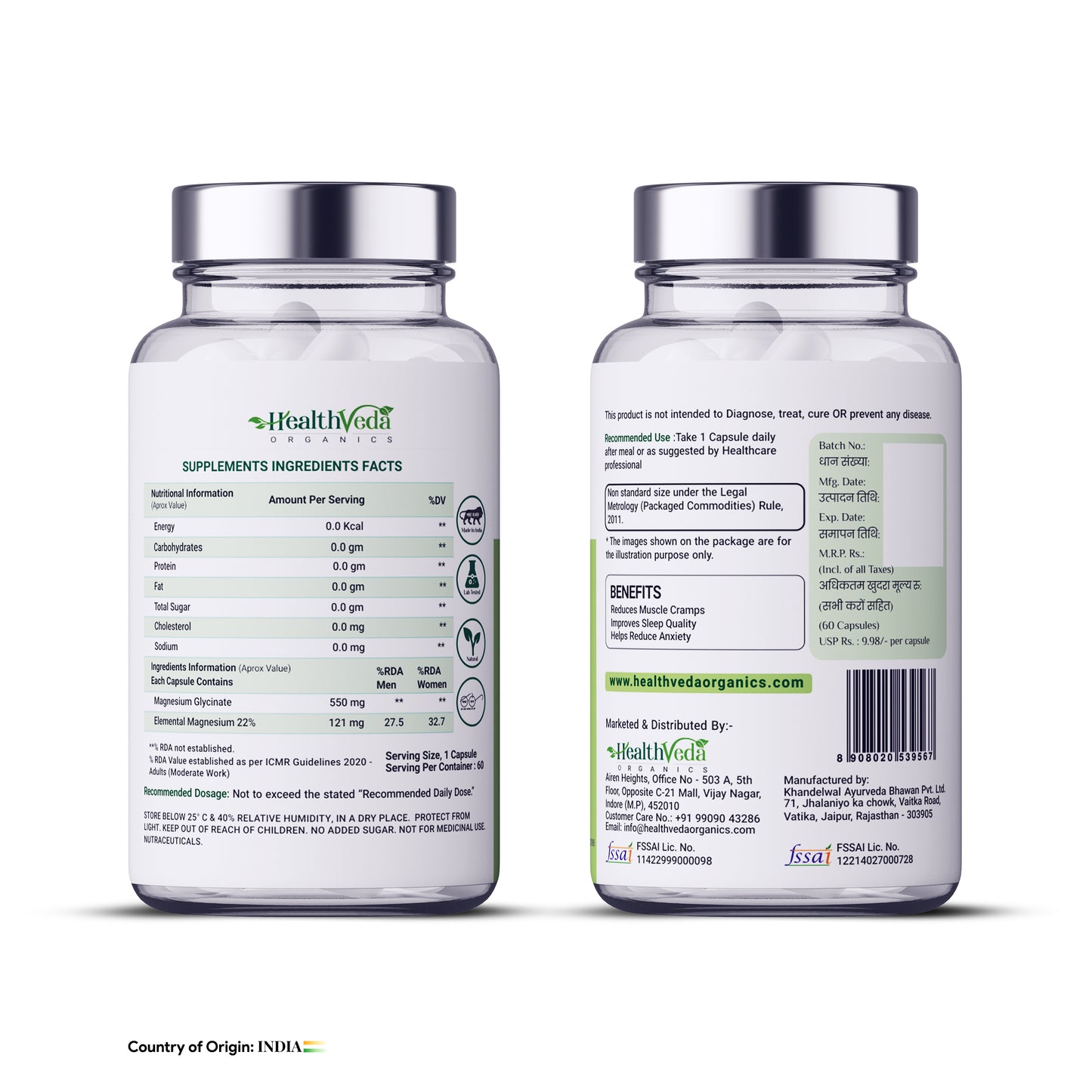 Health Veda Organics High Absorption Magnesium Glycinate, 550mg | 60 Veg Capsules | Supports Nerve & Muscle Health