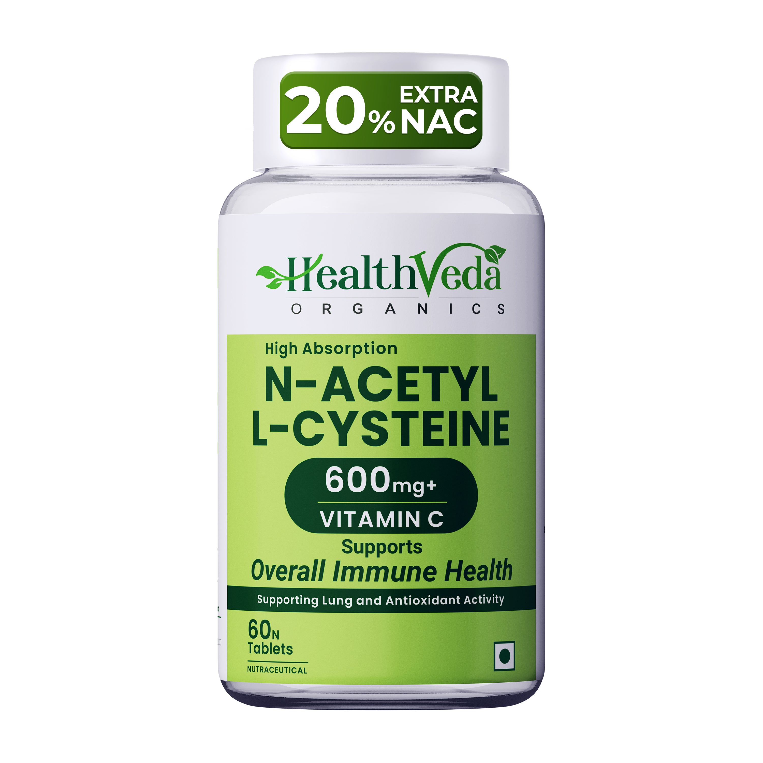 Health Veda Organics N - Acetyl L - Cysteine 600mg | 60 Veg Tablets | Lungs & Respiratory Support| Immune Health |For both Men & Women