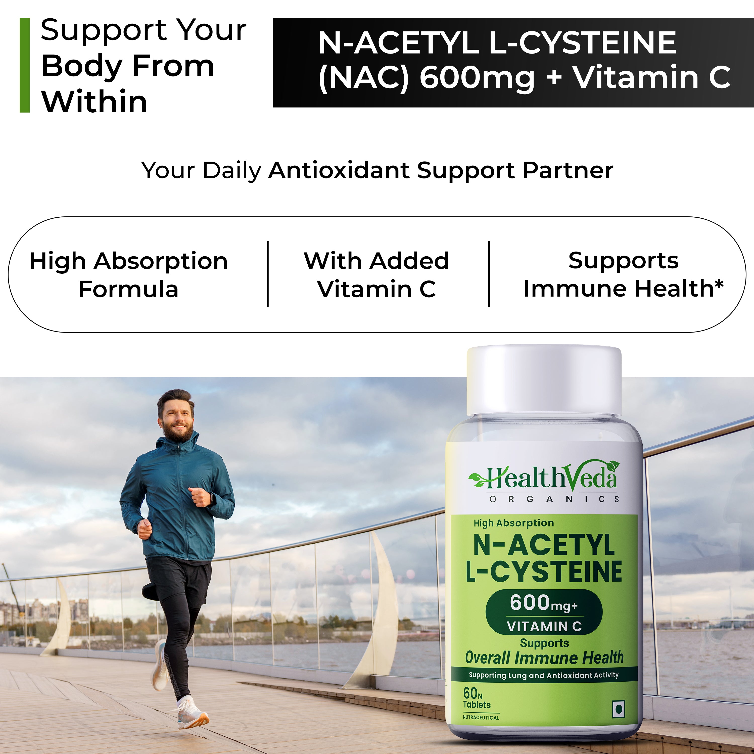 Health Veda Organics N - Acetyl L - Cysteine 600mg | 60 Veg Tablets | Lungs & Respiratory Support| Immune Health |For both Men & Women