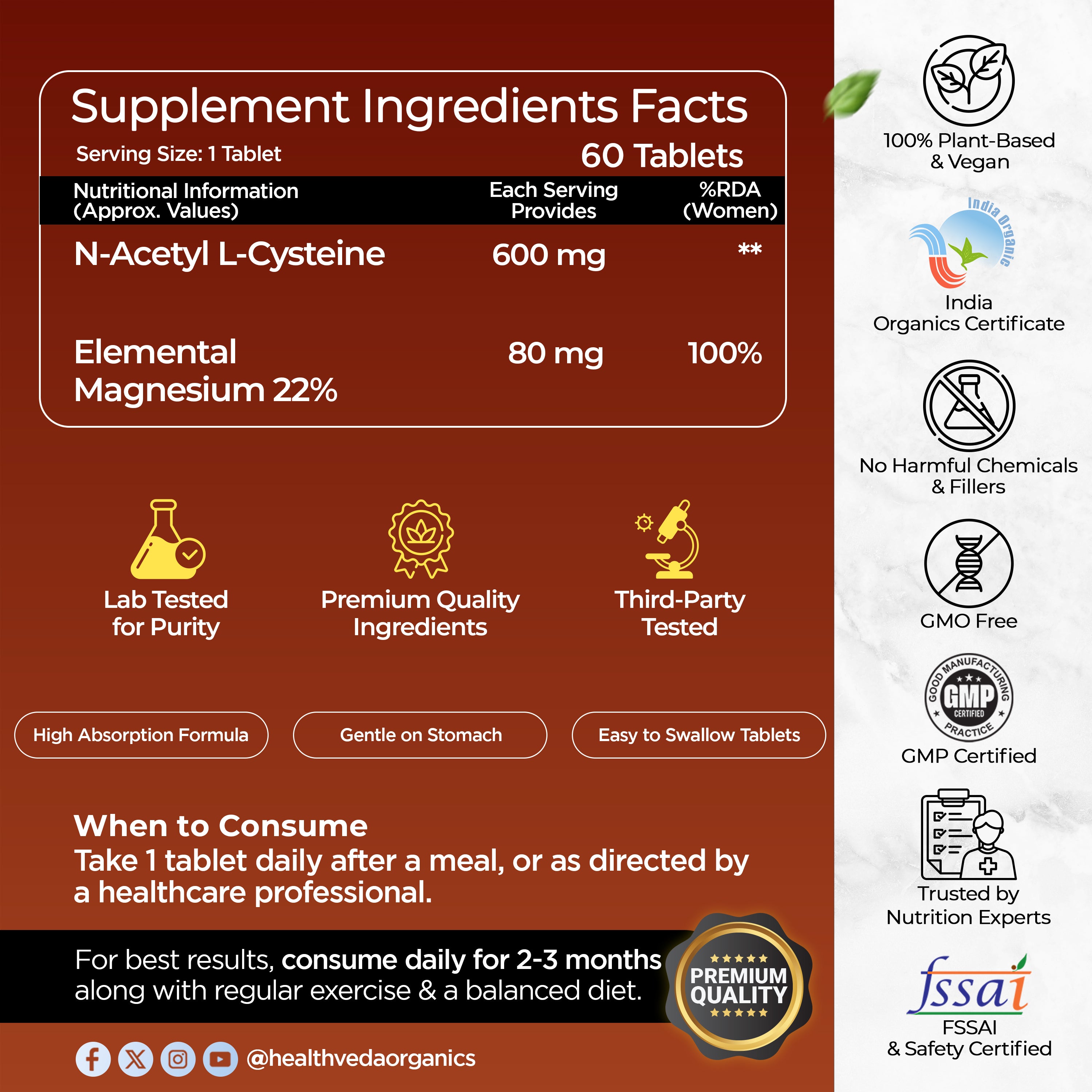 Health Veda Organics N - Acetyl L - Cysteine 600mg | 60 Veg Tablets | Lungs & Respiratory Support| Immune Health |For both Men & Women