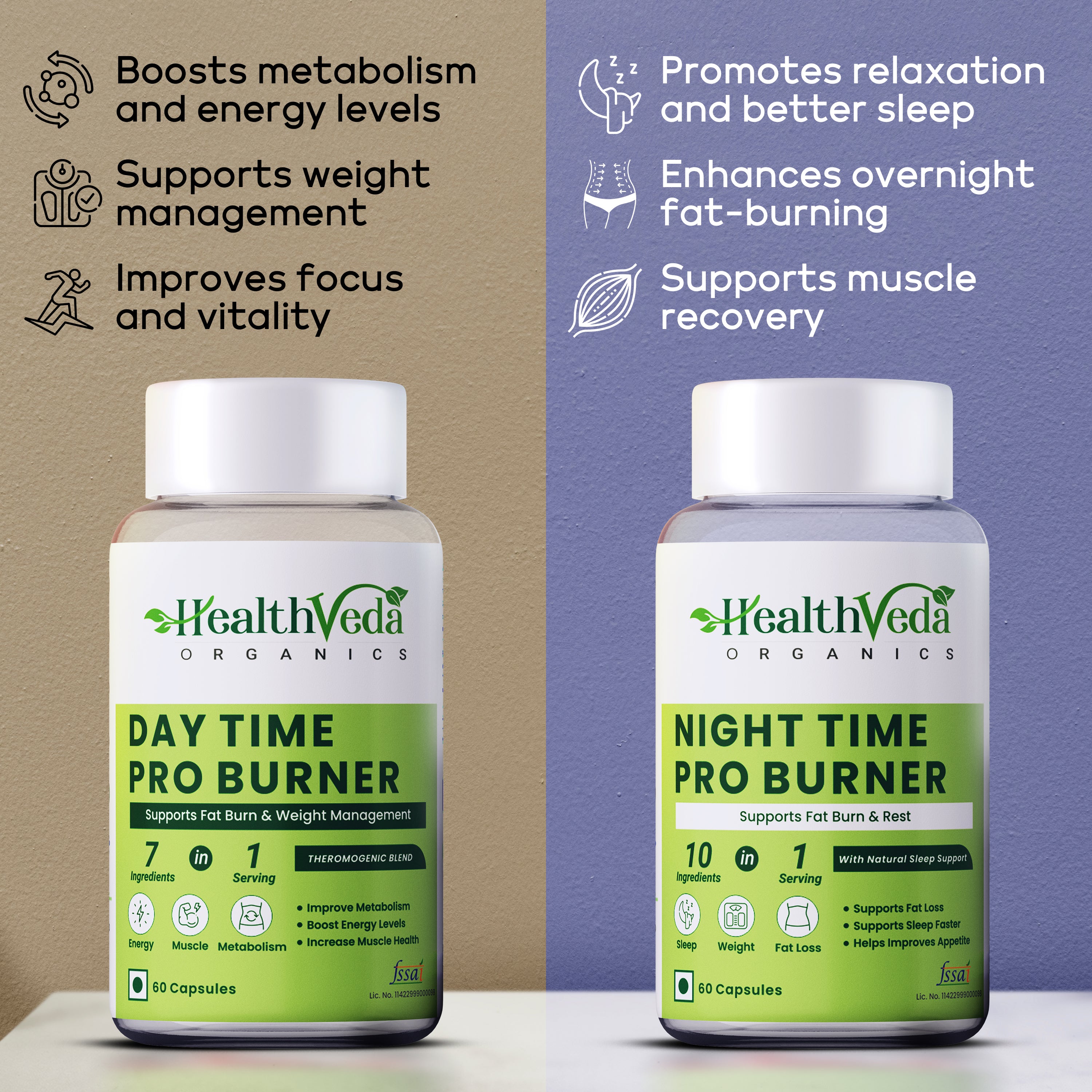 Health Veda Organics Day & Night Herbal Blend | Metabolic Wellness & Vitality Support | 60 Capsules Each Pack