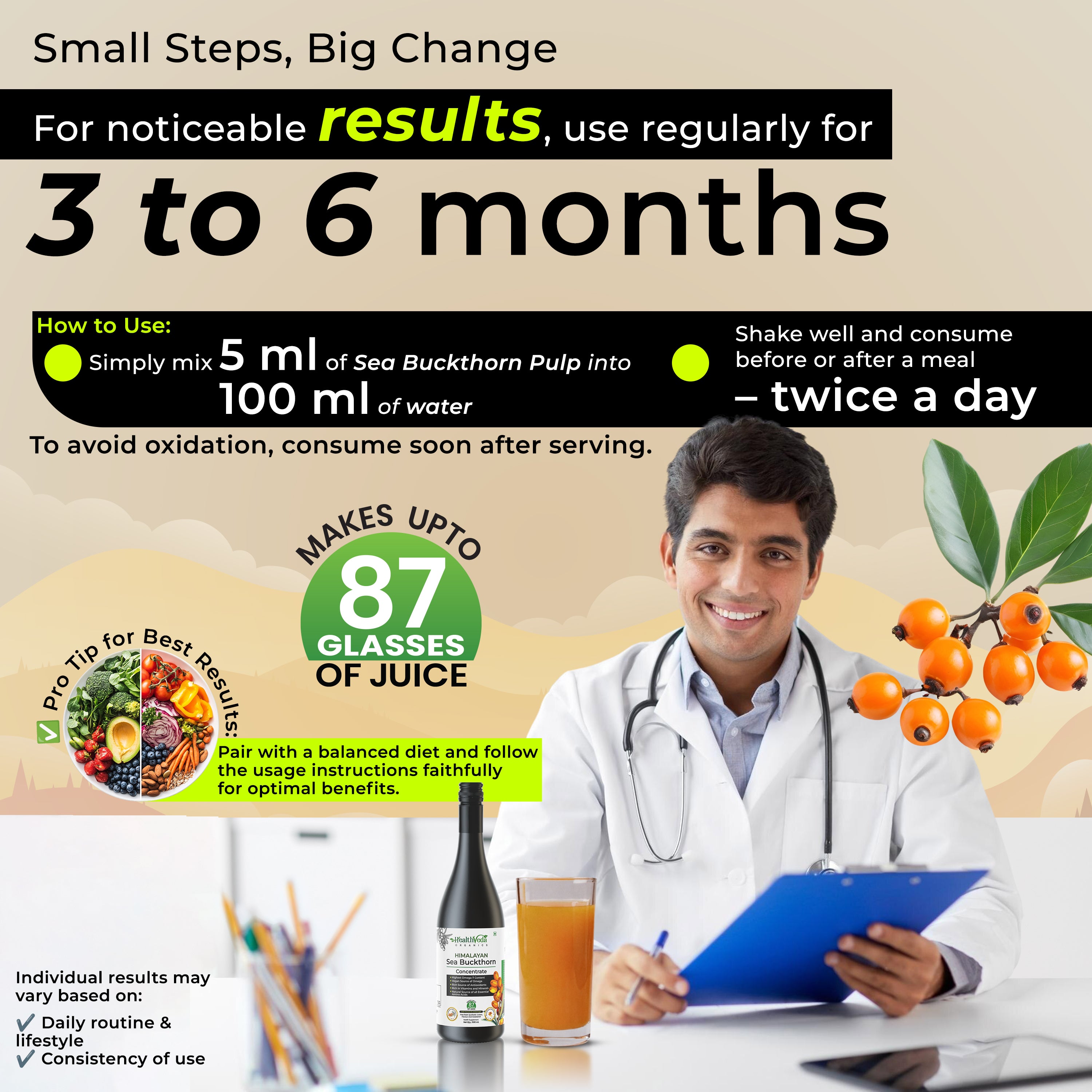 Health Veda Organics Himalayan Sea Buckthorn Pulp 500ml | Rich in Vitamin C, Omega 3-6-7-9 & Natural Antioxidants | For Daily Wellness