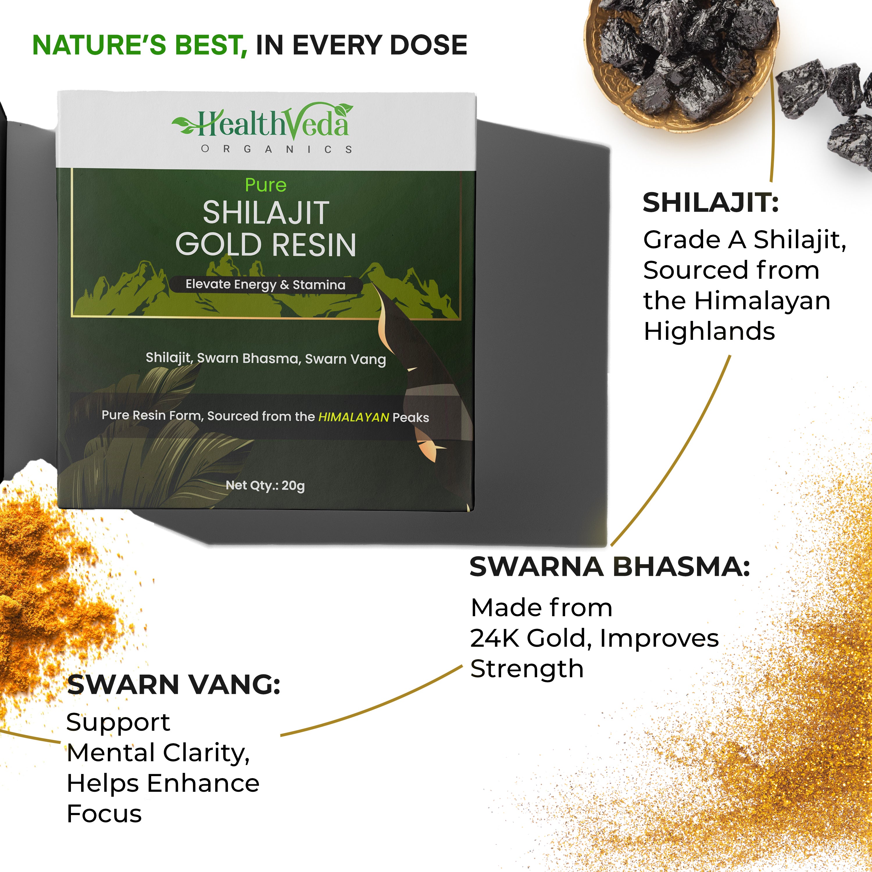 Health Veda Organics Himalayan Pure Shilajit Gold Resin (20 gm) | Lab Tested, Contains 24K Gold | Helps to Boost Immunity, Stamina & Overall Health
