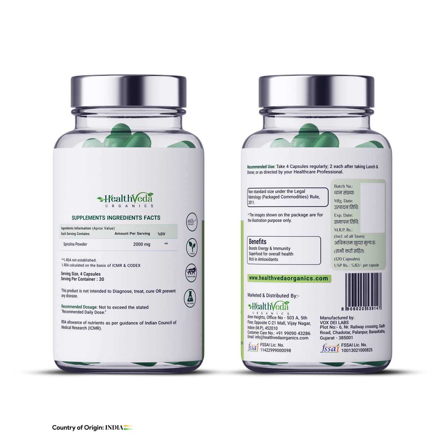 Health Veda Organics Spirulina Capsules 2000mg | Green Food for Good Health Weight Management & Immunity Booster - 120 Vegetarian Capsules