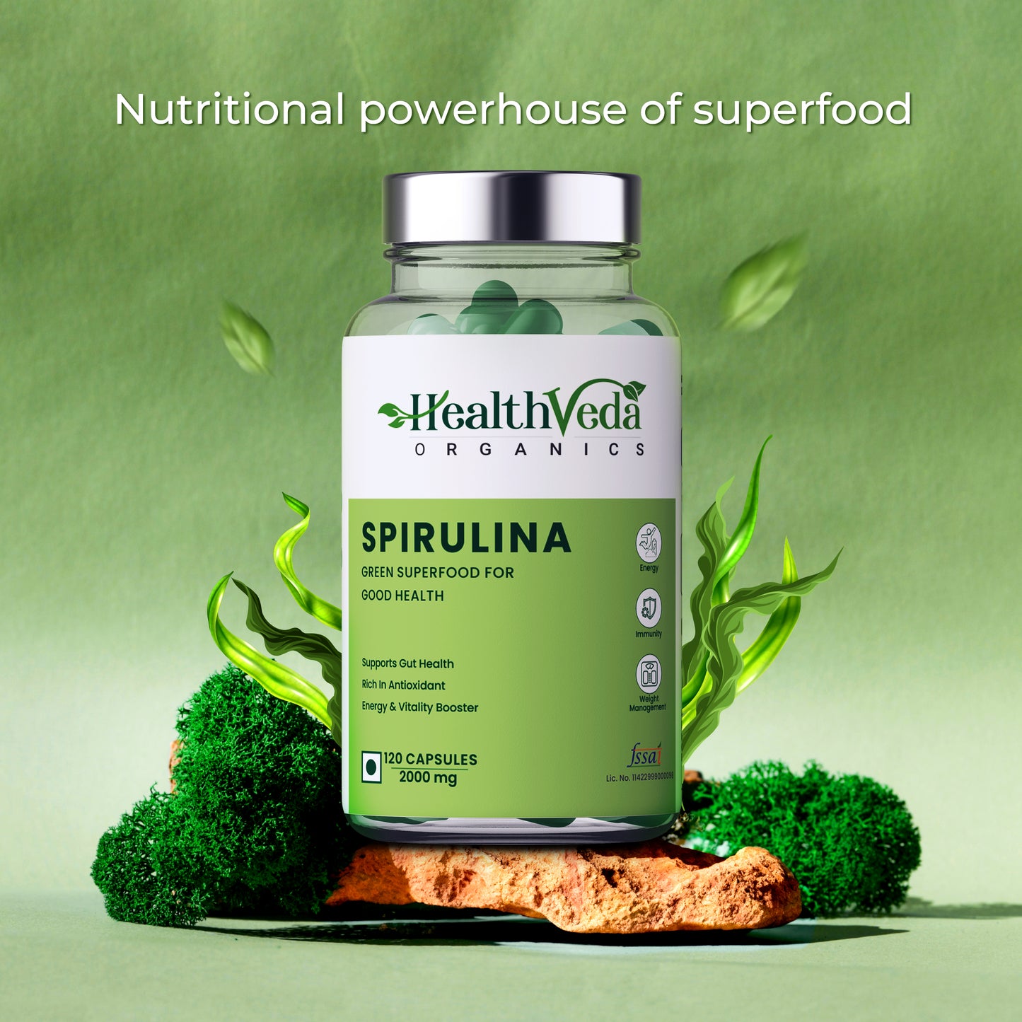 Health Veda Organics Spirulina Capsules 2000mg | Green Food for Good Health Weight Management & Immunity Booster - 120 Vegetarian Capsules