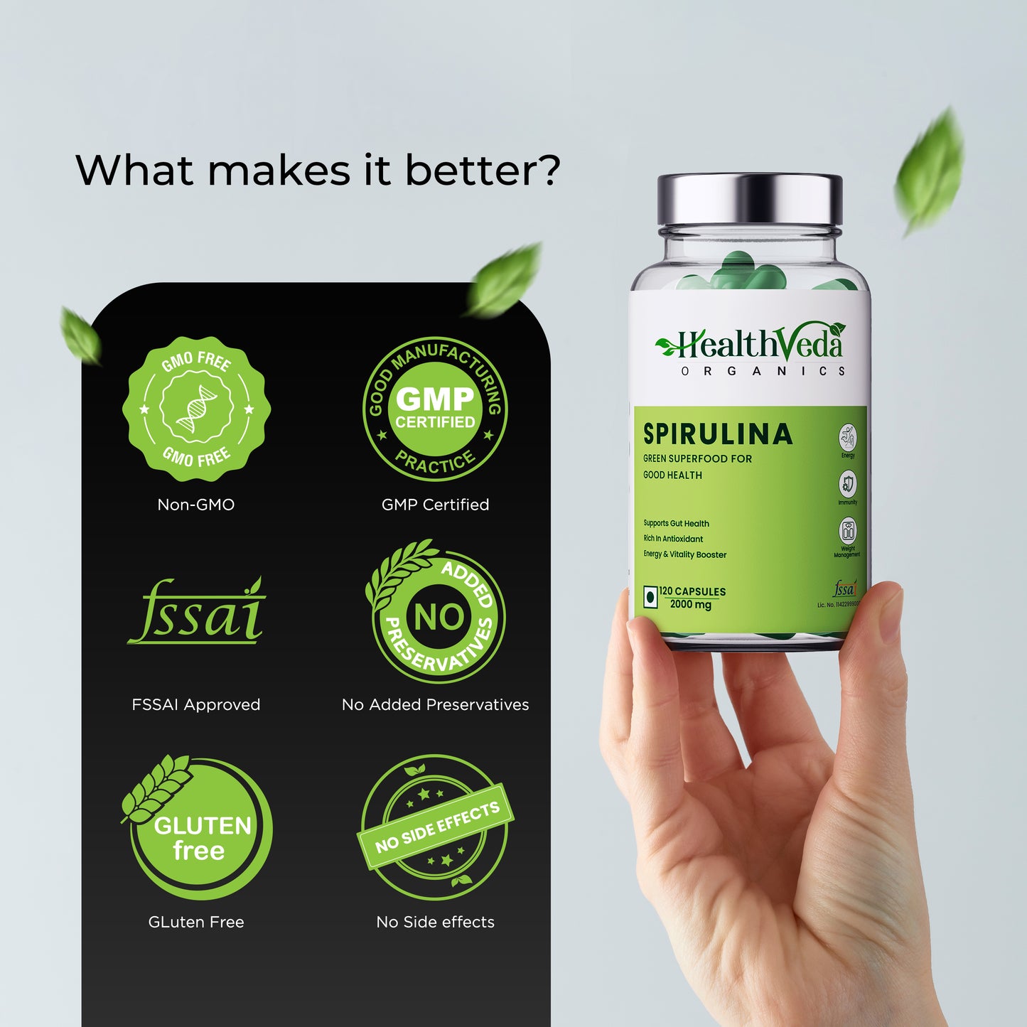 Health Veda Organics Spirulina Capsules 2000mg | Green Food for Good Health Weight Management & Immunity Booster - 120 Vegetarian Capsules