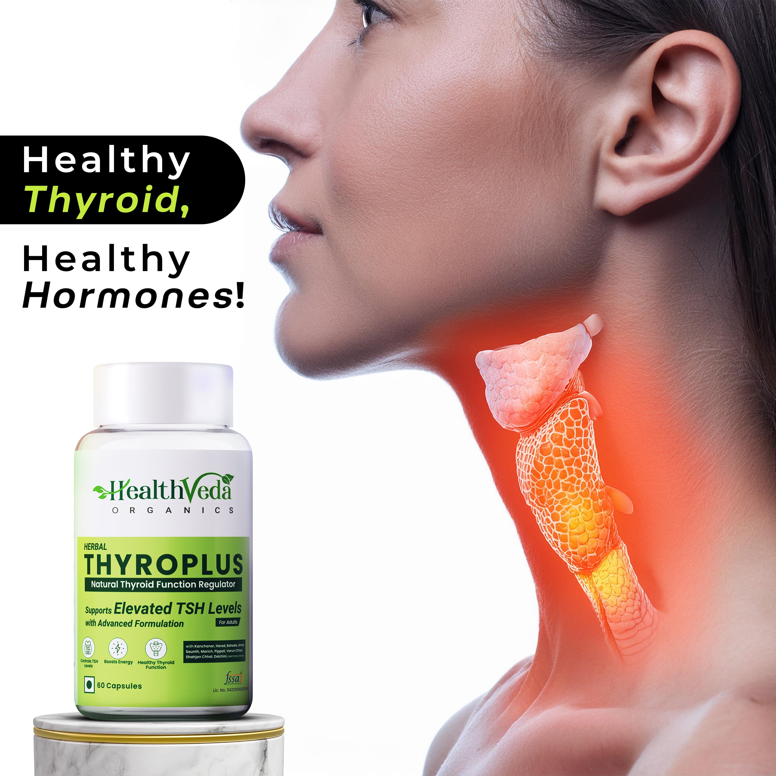 Health Veda Organics Thyroplus Supplements packed with Natural Ingredients for Thyroid Support - 60 Veg Capsules for Men & Women