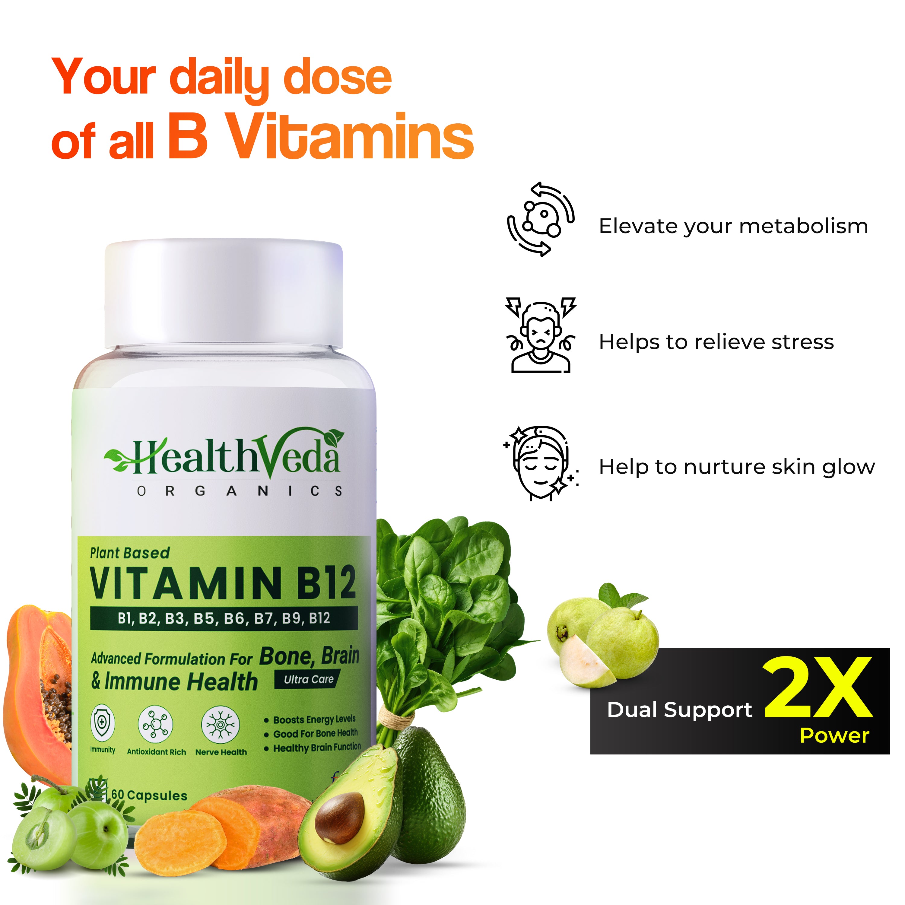 Health Veda Organics Plant Based Vitamin B12 Supplement | 60 Veg Capsules | B1, B2, B3, B5, B6, B7, B9, Moringa | Boost Energy Level | Good For Digestion And Nerve Health | Glowing Skin For Men & Women