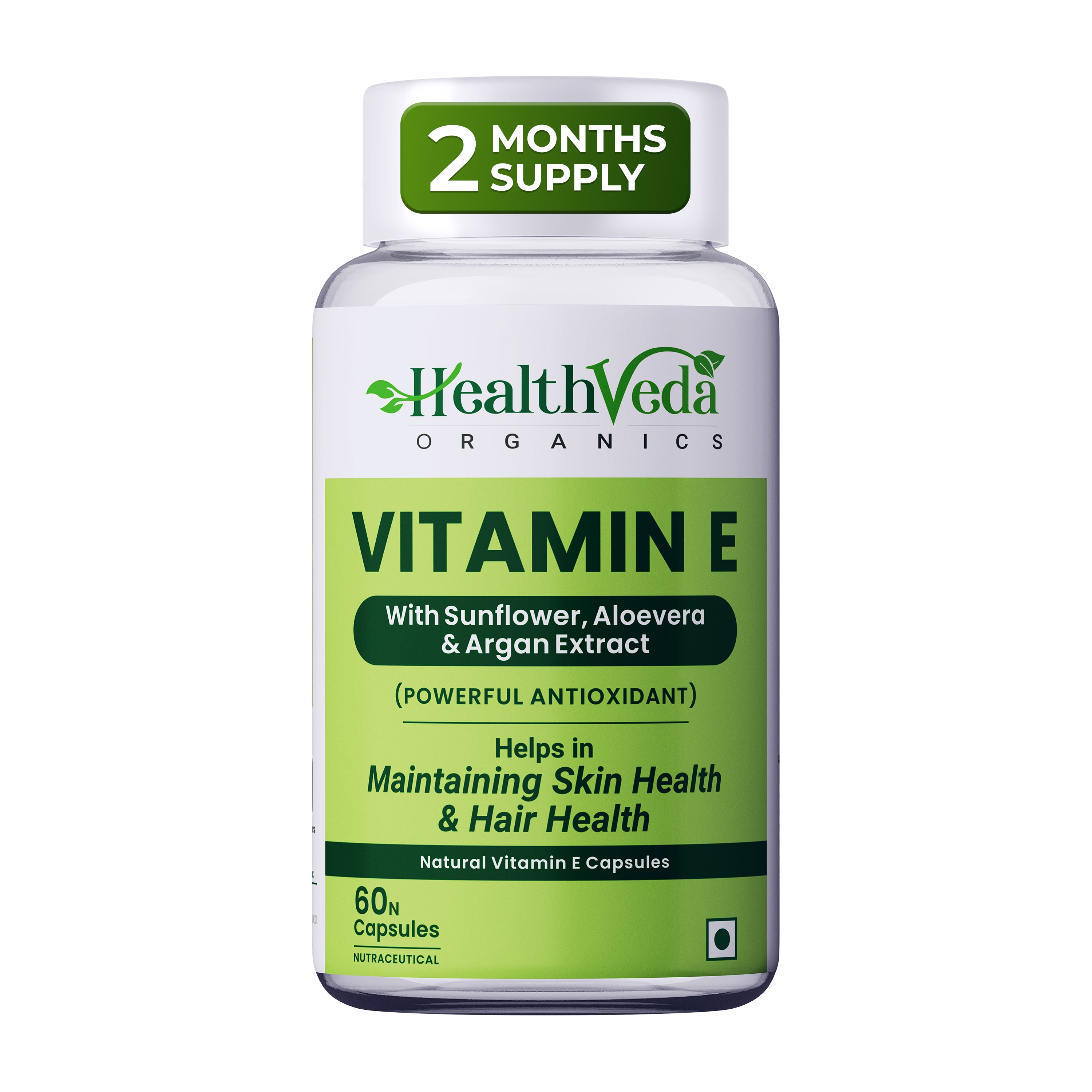 Health Veda Organics Vitamin E Capsules with Argan & Aloe Vera Oil | 60 Veg Capsules | Supports Healthy Hair & Beautiful Skin