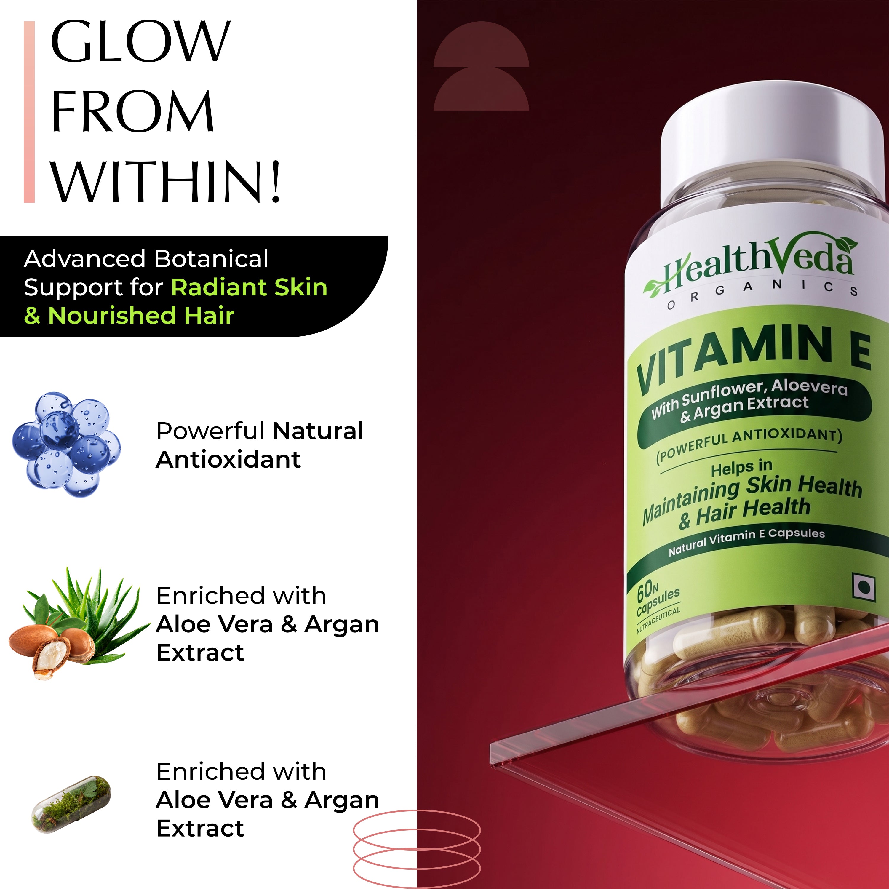 Health Veda Organics Vitamin E Capsules with Argan & Aloe Vera Oil | 60 Veg Capsules | Supports Healthy Hair & Beautiful Skin