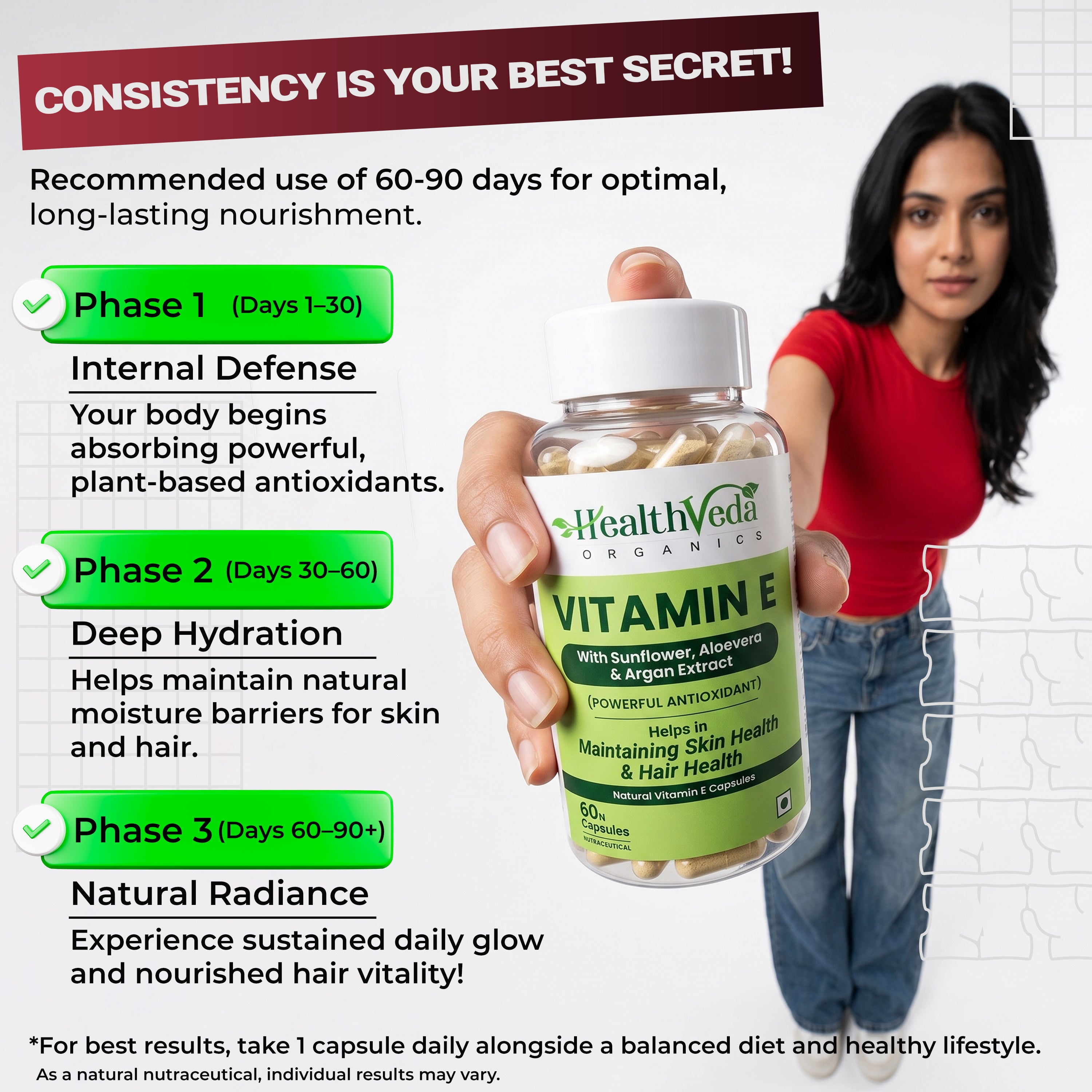 Health Veda Organics Vitamin E Capsules with Argan & Aloe Vera Oil | 60 Veg Capsules | Supports Healthy Hair & Beautiful Skin