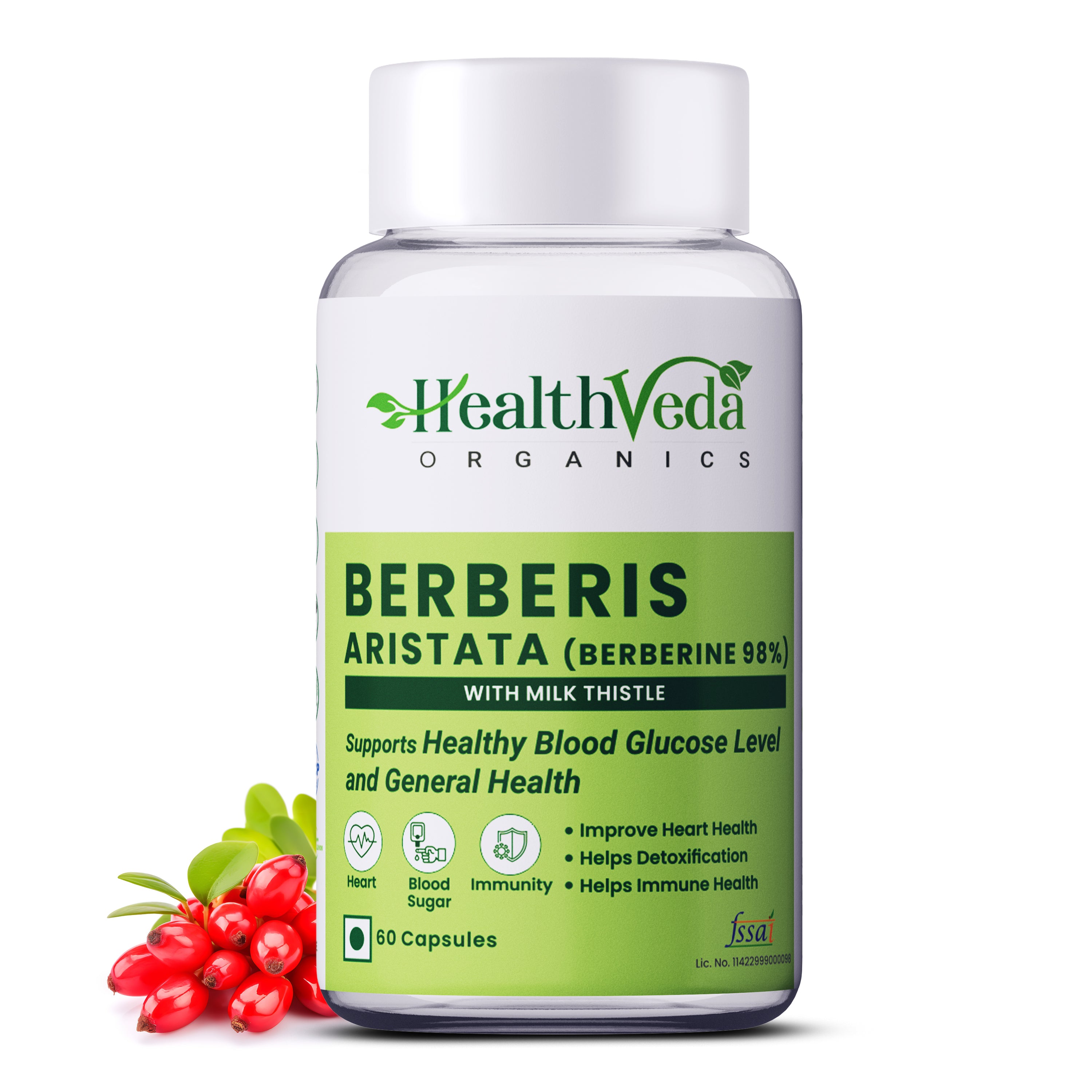 Health Veda Organics Berberis Aristata (98% Berberine) with Milk Thistle 60 Capsules Pack for Men and Women, Support Healthy Blood Glucose Level Support General Health, Help in Detoxification