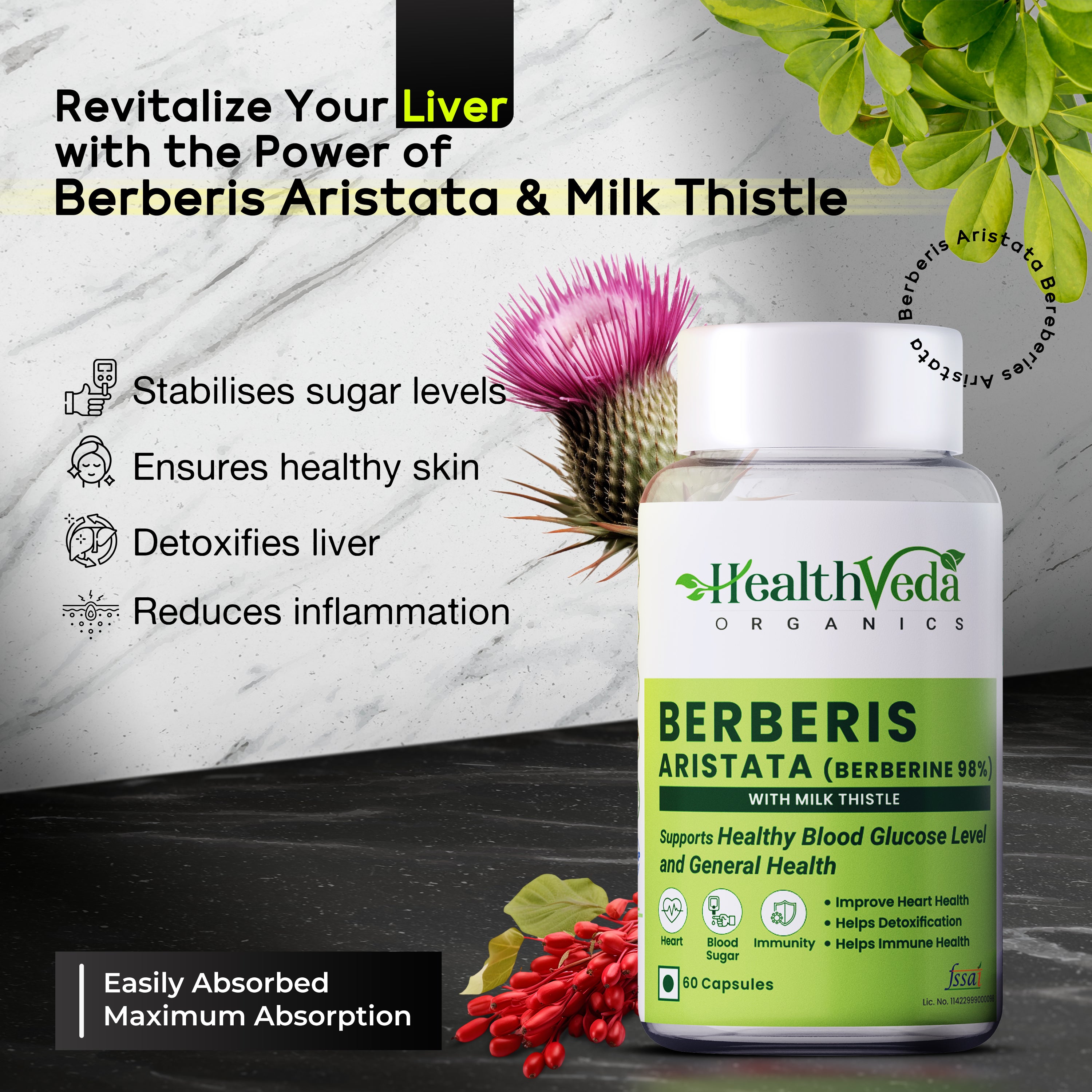 Health Veda Organics Berberis Aristata (98% Berberine) with Milk Thistle 60 Capsules Pack for Men and Women, Support Healthy Blood Glucose Level Support General Health, Help in Detoxification