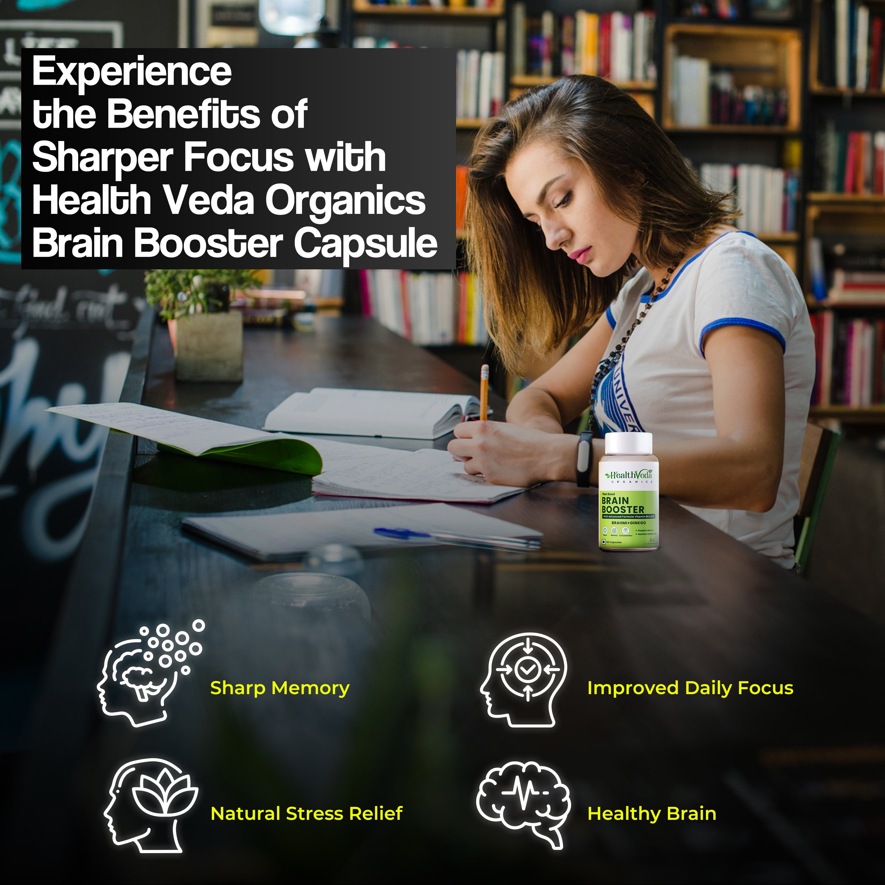Health Veda Organics Plant Based Brain Booster with Ginkgo Biloba & Brahmi I 60 Veg Capsules I Boosts Concentration & Learning Activities