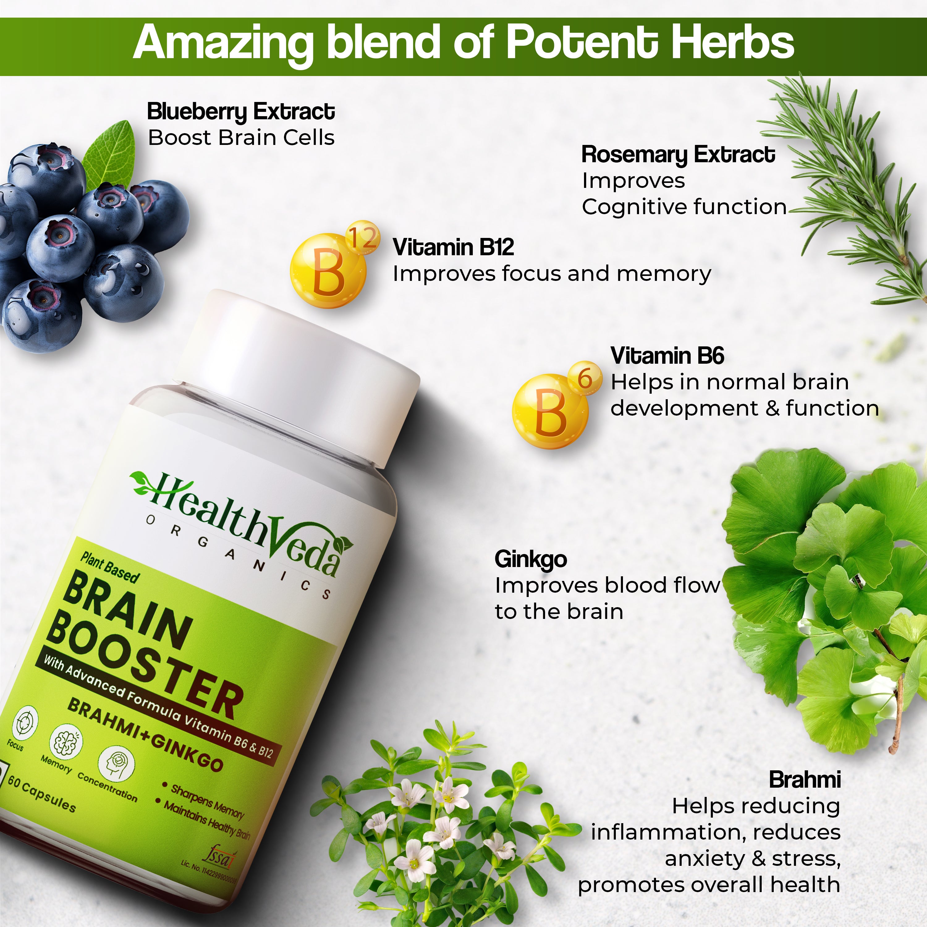 Health Veda Organics Plant Based Brain Booster with Ginkgo Biloba & Brahmi I 60 Veg Capsules I Boosts Concentration & Learning Activities