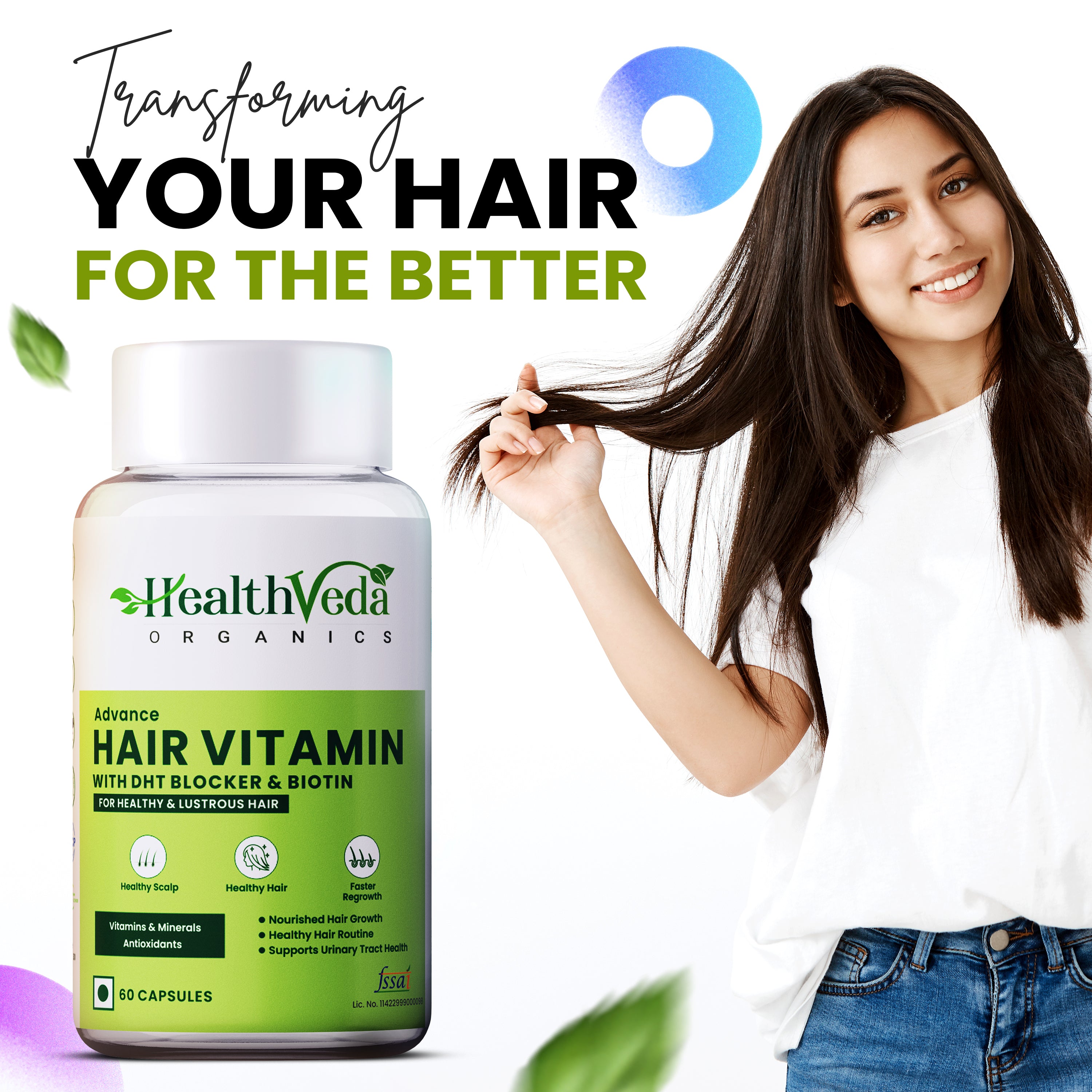 Health Veda Organics Advance Hair Vitamin with DHT Blocker & Biotin | Clinically proven Hair Vitamins For Men & Women - 60 Veg Capsules