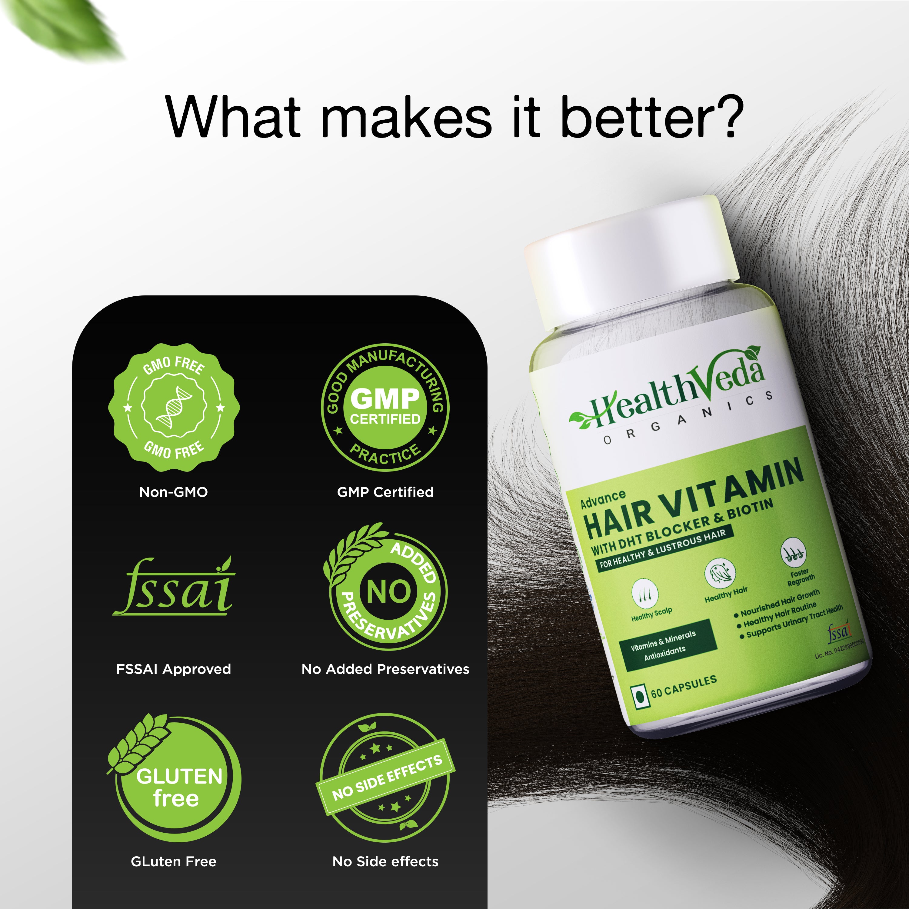 Health Veda Organics Advance Hair Vitamin with DHT Blocker & Biotin | Clinically proven Hair Vitamins For Men & Women - 60 Veg Capsules