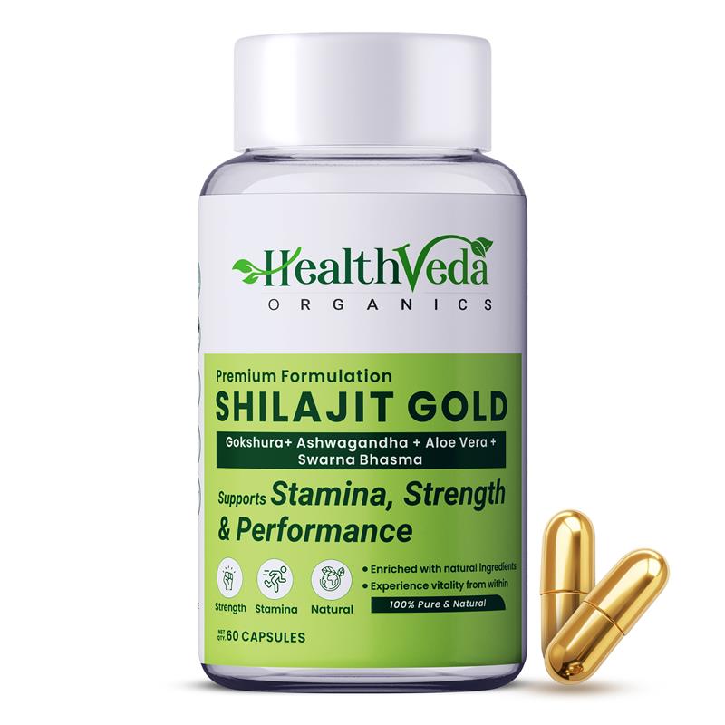 Health Veda Organics Shilajit Gold | 60 Veg Capsules I Stamina & Vitality Booster