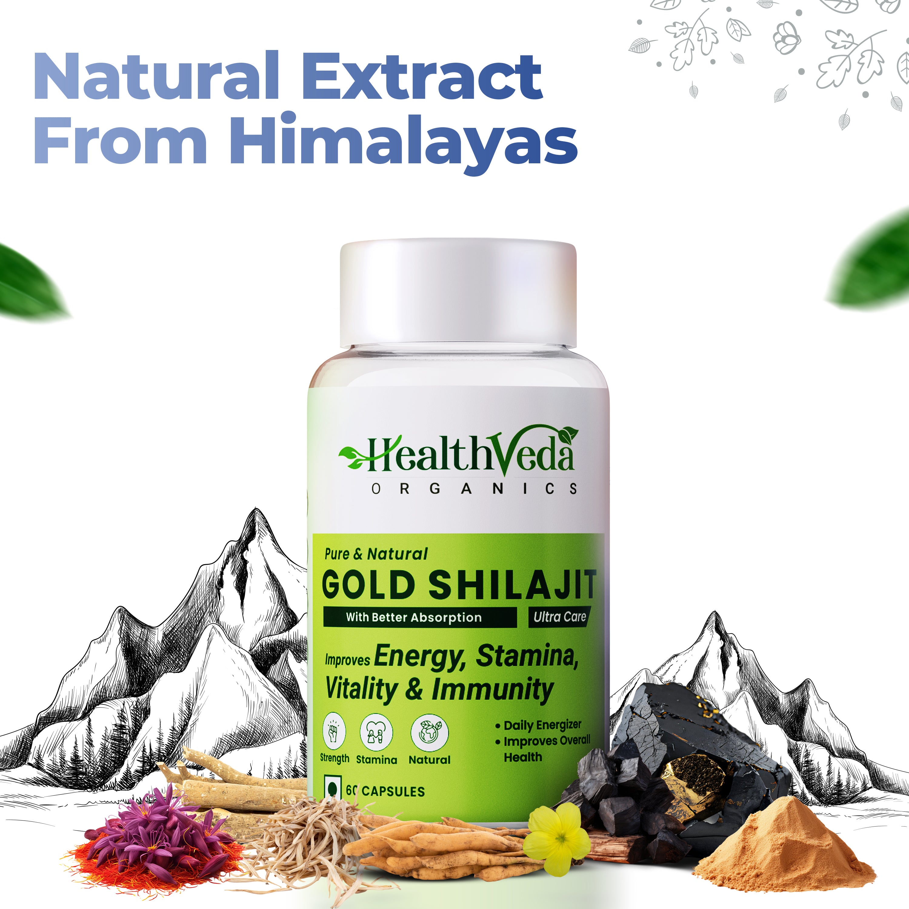 Health Veda Organics Gold Shilajit | 60 Veg Capsules I Stamina & Vitality Booster