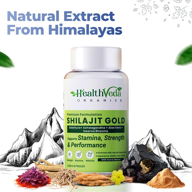 Health Veda Organics Shilajit Gold | 60 Veg Capsules I Stamina & Vitality Booster