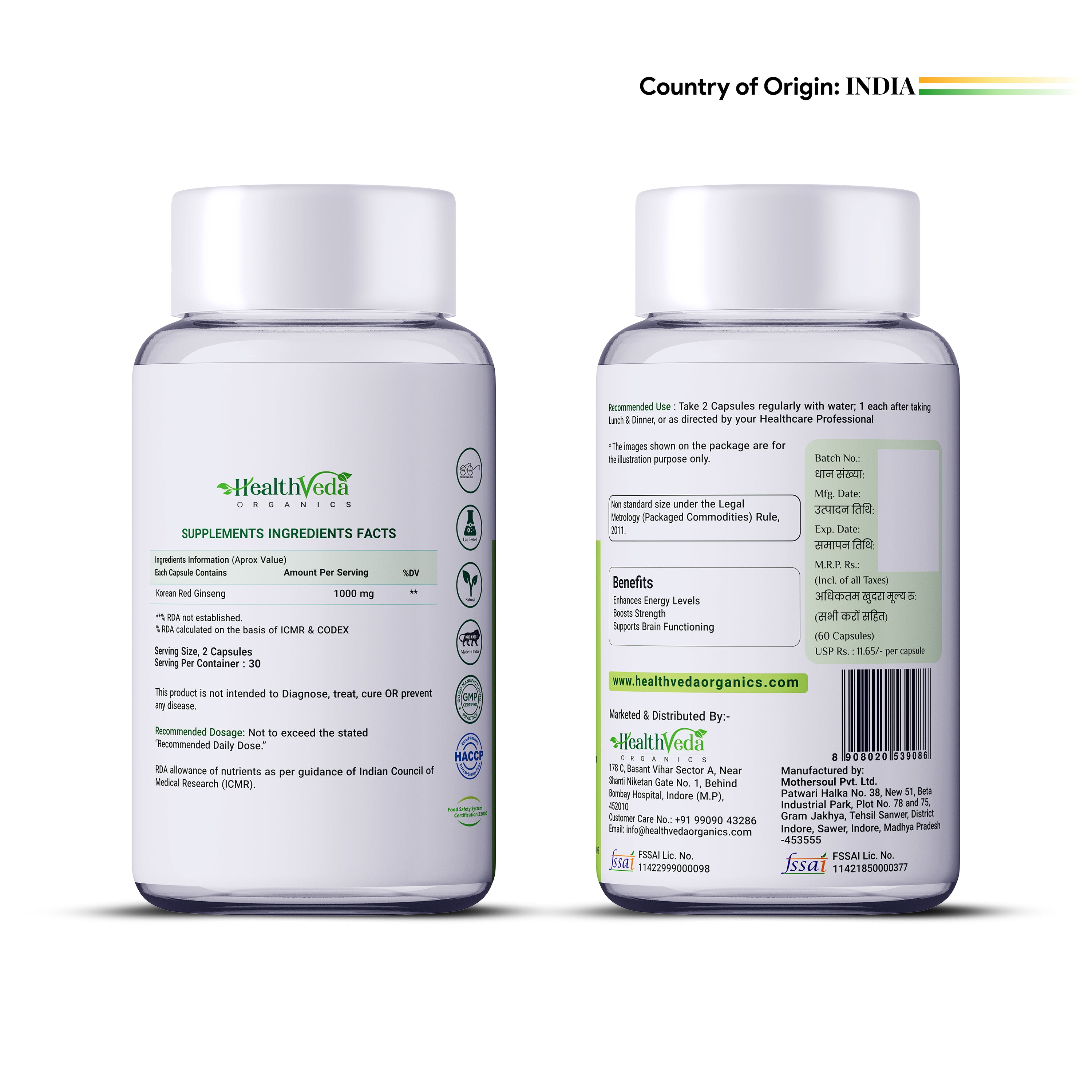 Health Veda Organics Korean Red Ginseng Capsules 1000 mg | Supports Brain Function, Boosts Immunity, Vitality, Energy & Focus- 60 Vegetarian Capsules