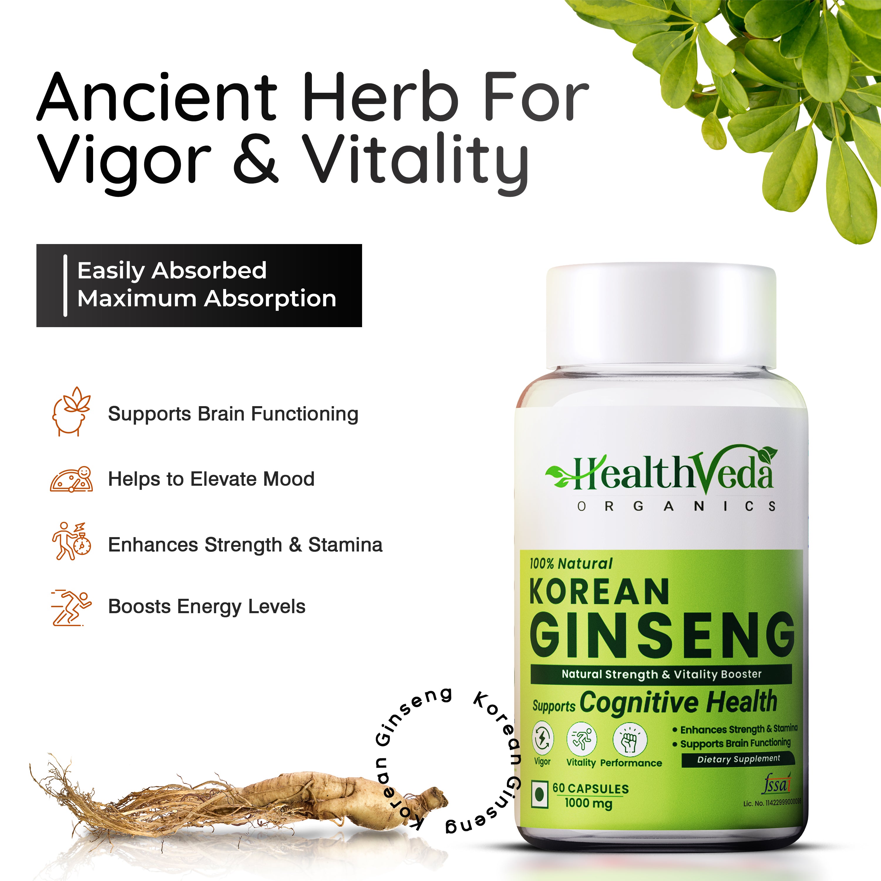 Health Veda Organics Korean Red Ginseng Capsules 1000 mg | Supports Brain Function, Boosts Immunity, Vitality, Energy & Focus- 60 Vegetarian Capsules