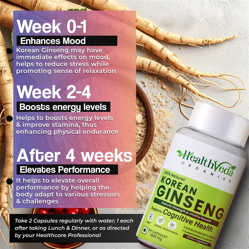 Health Veda Organics Korean Red Ginseng Capsules 1000 mg | Supports Brain Function, Boosts Immunity, Vitality, Energy & Focus- 60 Vegetarian Capsules
