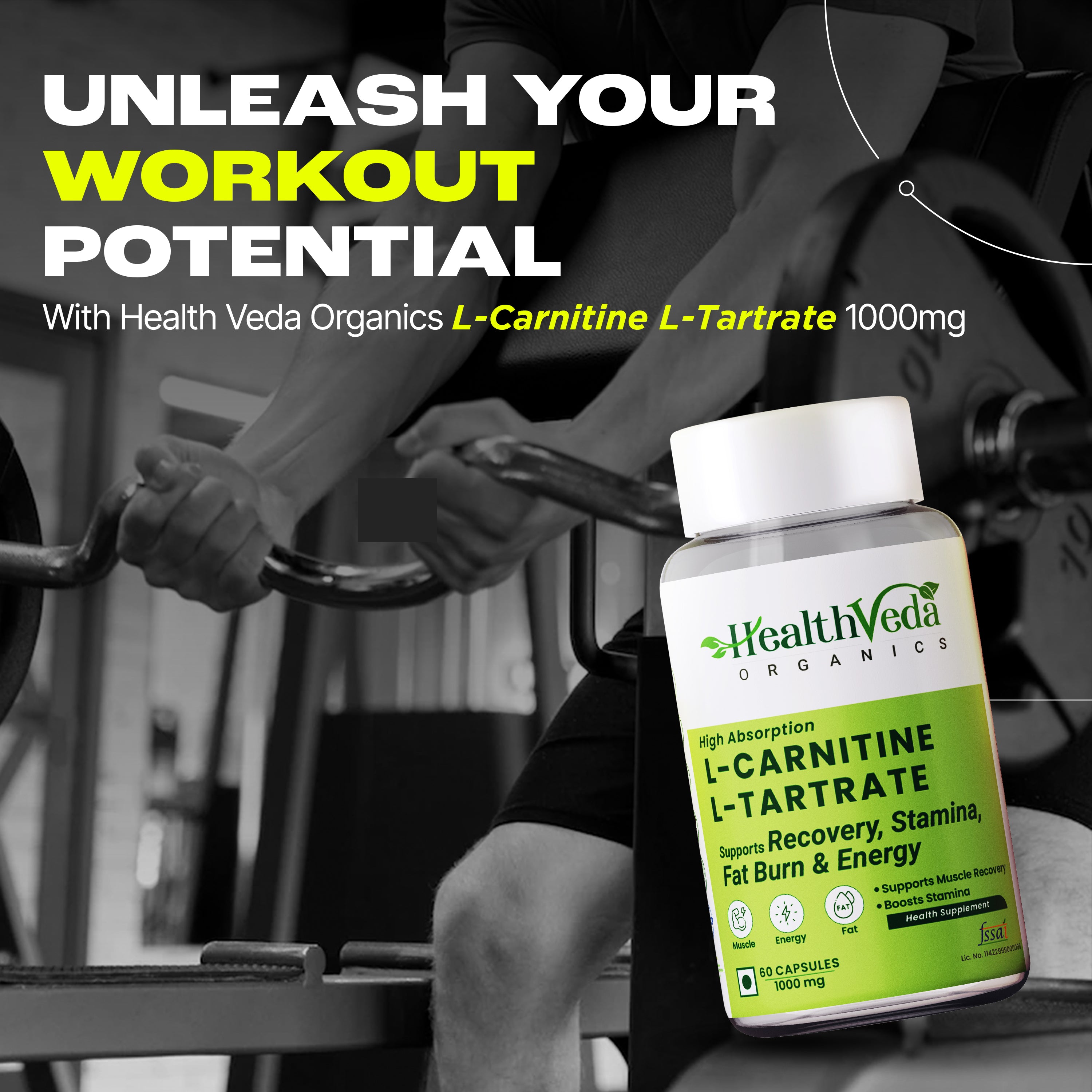 Health Veda Organics L Carnitine L-Tartrate, 1000mg | Pre-Workout Supplements | Supports Muscle Recovery & Endurance | For Both Men & Women I 60 Veg Capsules