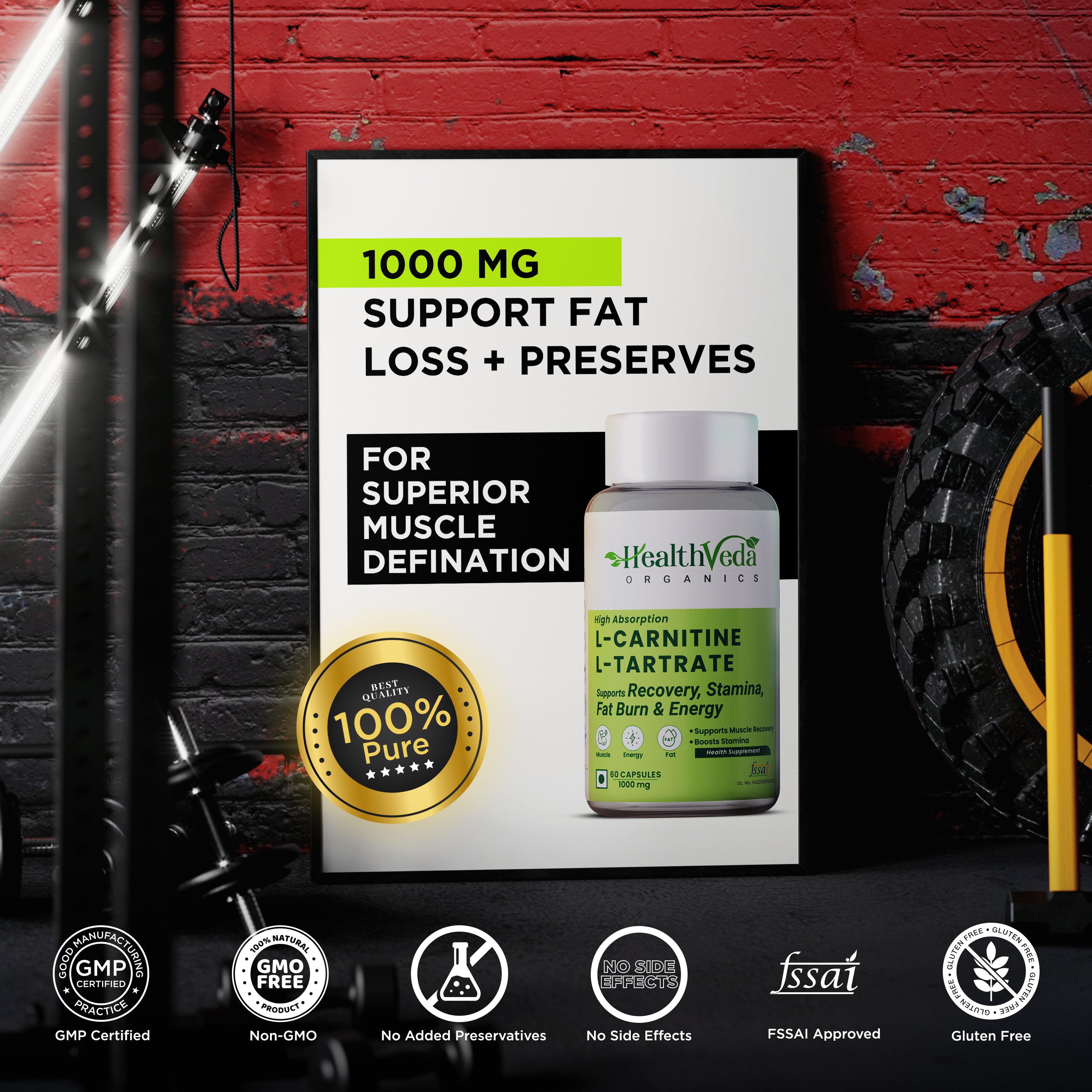 Health Veda Organics L Carnitine L-Tartrate, 1000mg | Pre-Workout Supplements | Supports Muscle Recovery & Endurance | For Both Men & Women I 60 Veg Capsules