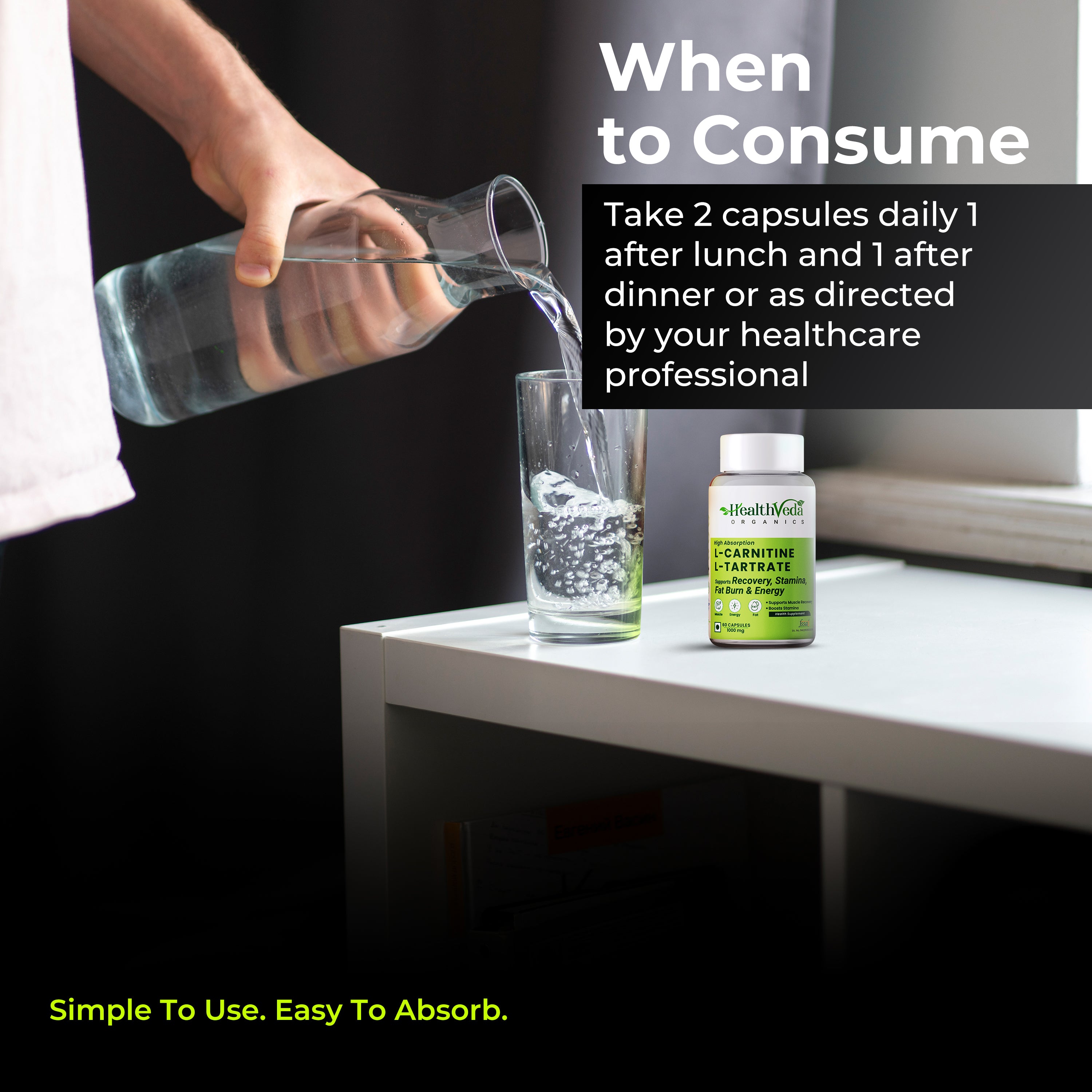 Health Veda Organics L Carnitine L-Tartrate, 1000mg | Pre-Workout Supplements | Supports Muscle Recovery & Endurance | For Both Men & Women I 60 Veg Capsules