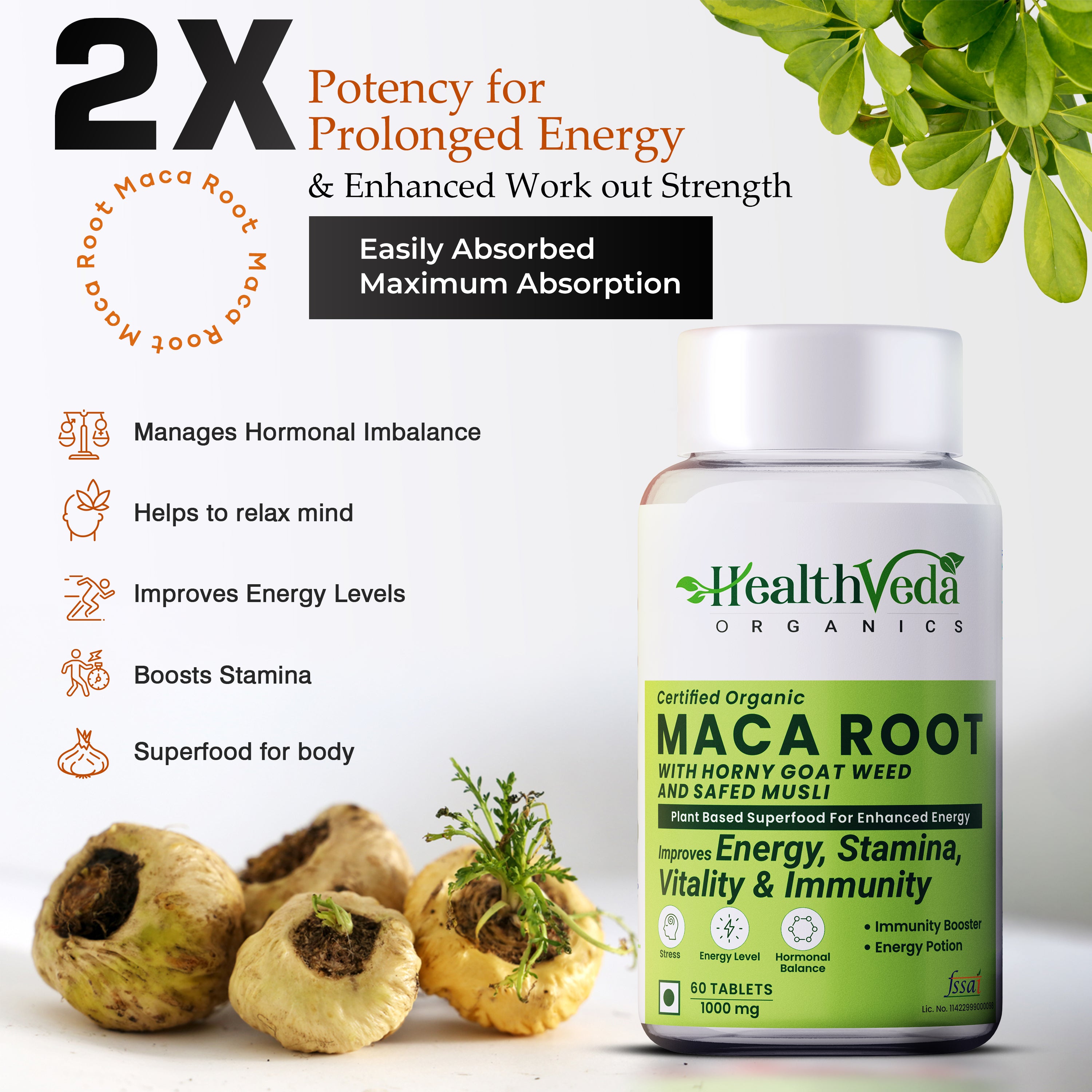 Health Veda Organics Maca Root with Horny Goat Weed & Safed Musli (1000 mg) | 60 Veg Tablets | Energy, Stamina & Vitality Support
