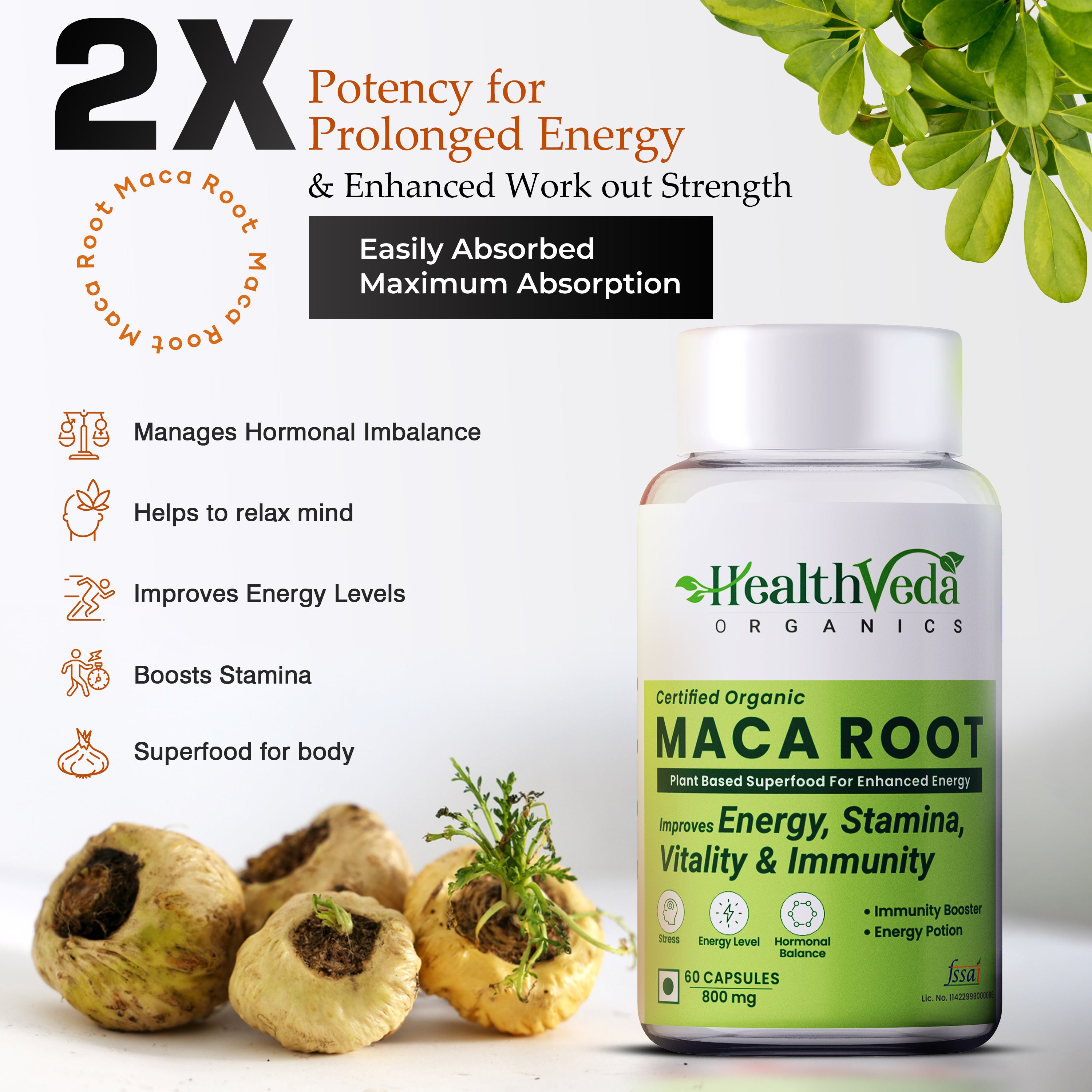 Health Veda Organics Maca Root Capsules 800 mg for Better Reproductive Health & Enhanced Performance, 60 Veg Capsules