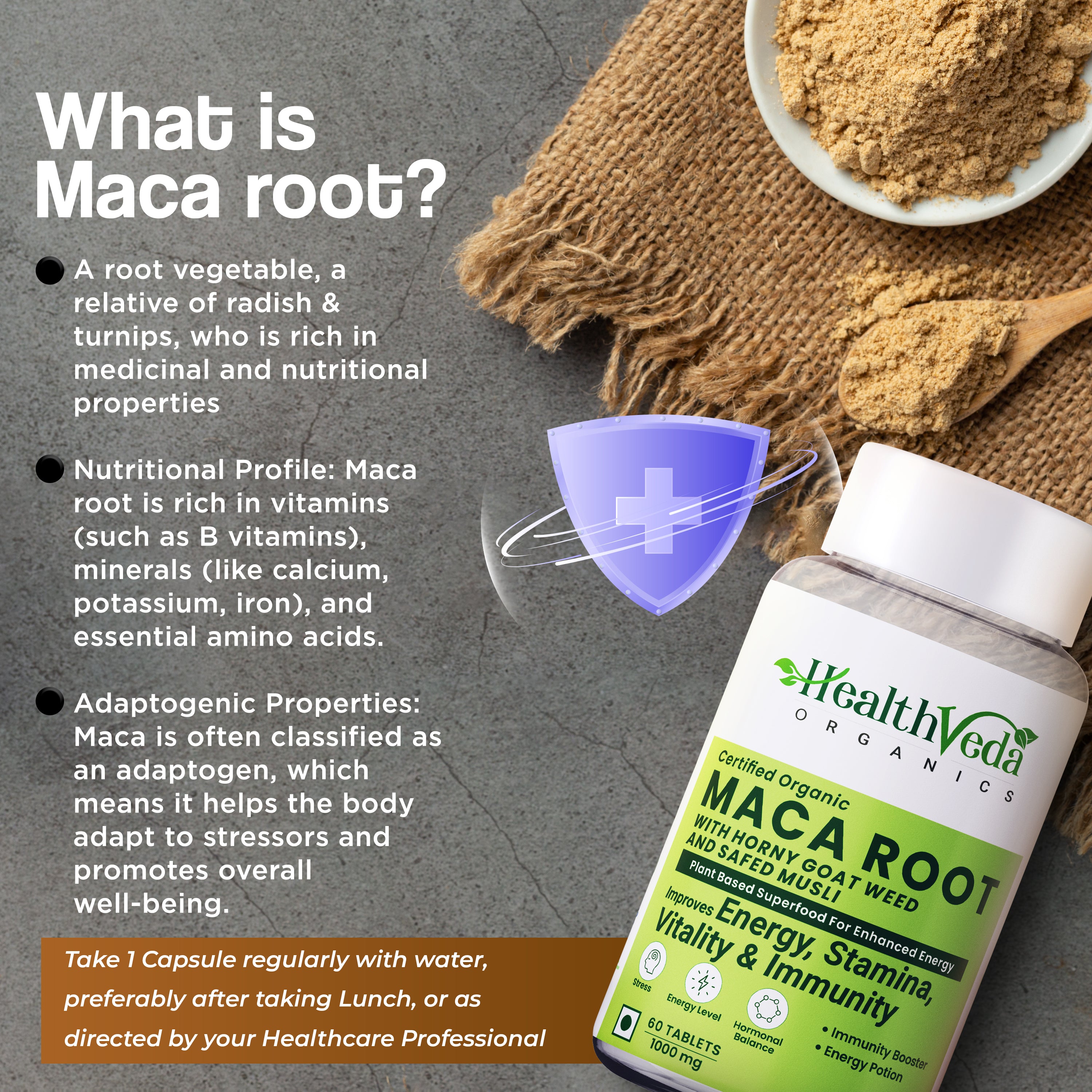 Health Veda Organics Maca Root with Horny Goat Weed & Safed Musli (1000 mg) | 60 Veg Tablets | Energy, Stamina & Vitality Support