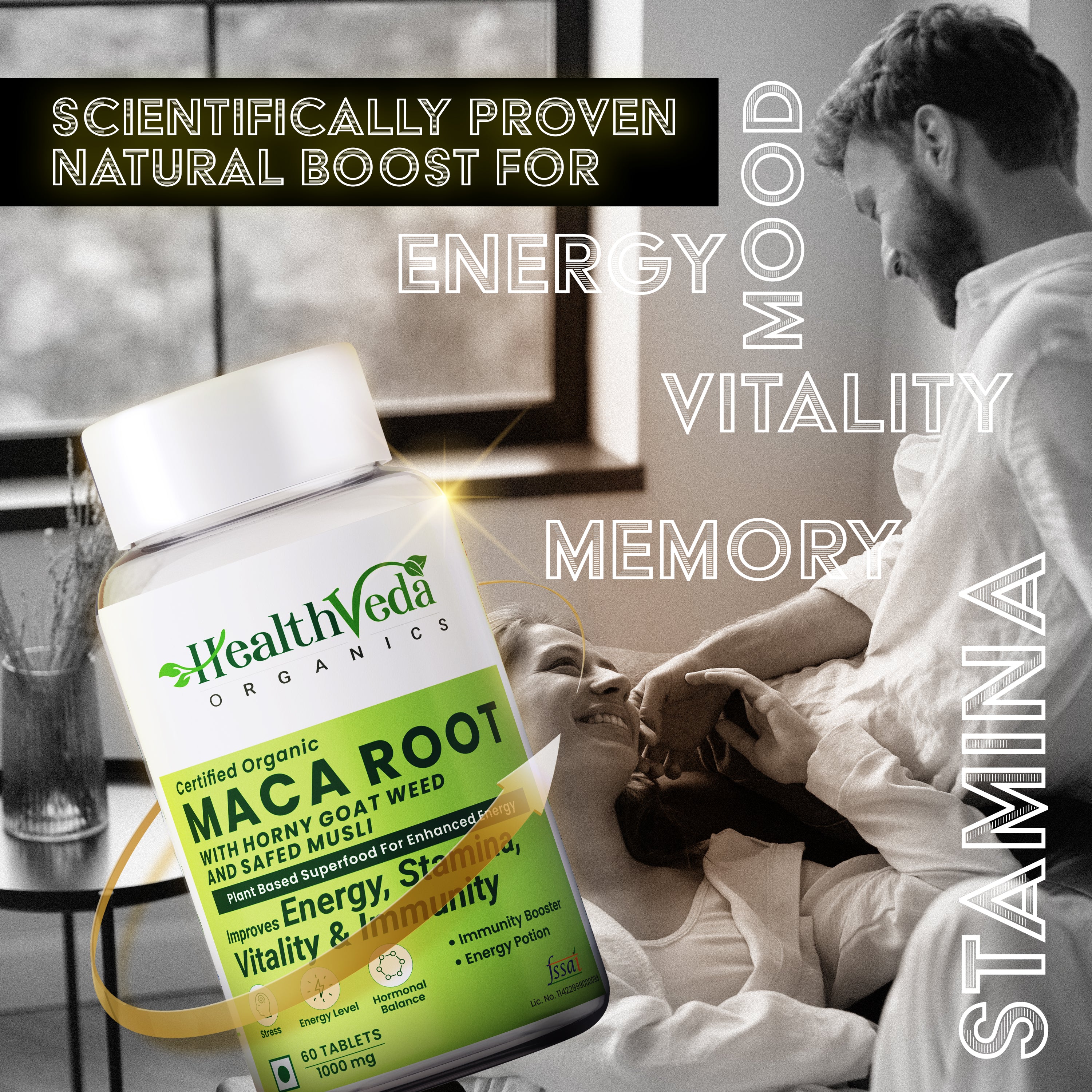 Health Veda Organics Maca Root with Horny Goat Weed & Safed Musli (1000 mg) | 60 Veg Tablets | Energy, Stamina & Vitality Support