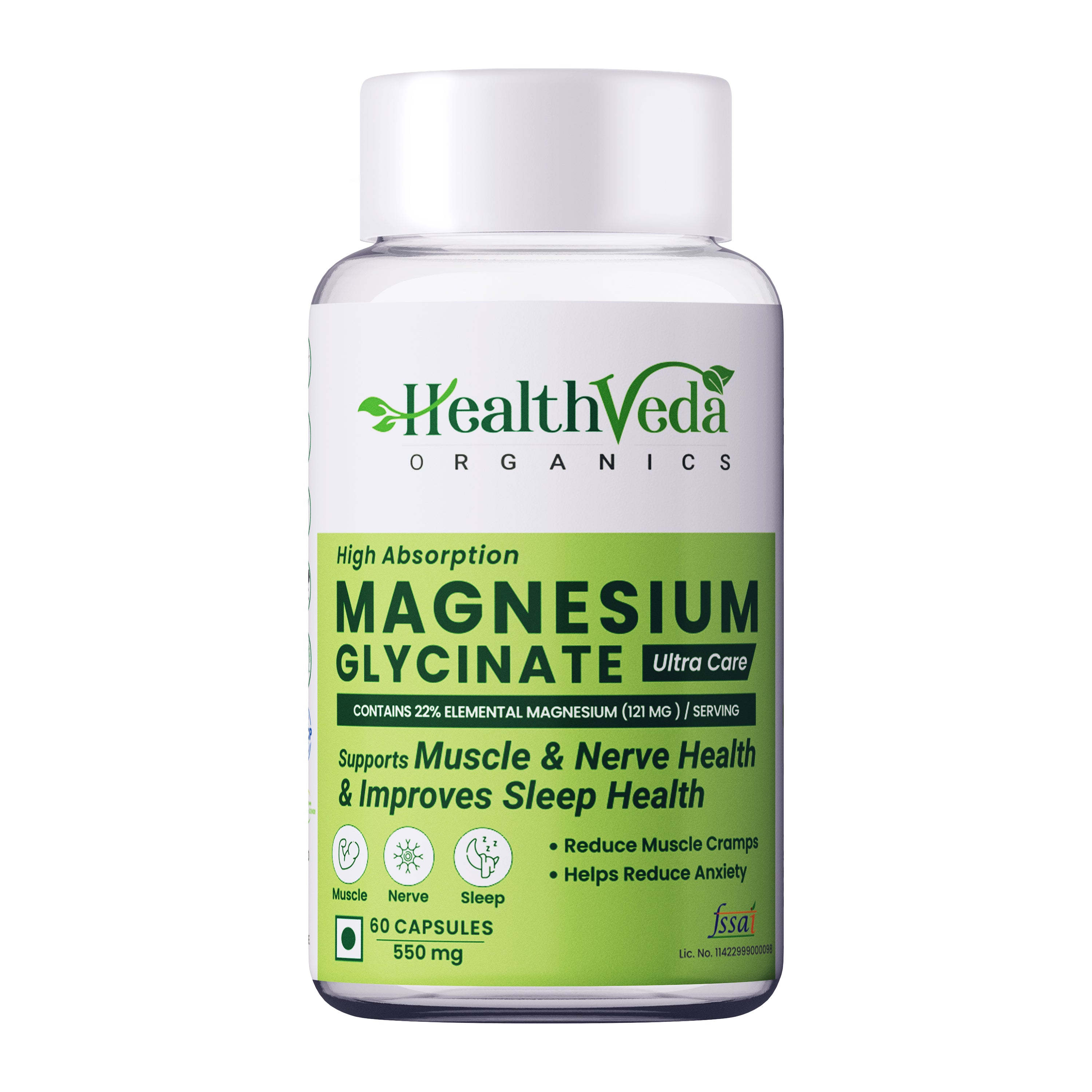 Health Veda Organics High Absorption Magnesium Glycinate, 550mg | 60 Veg Capsules | Supports Nerve & Muscle Health