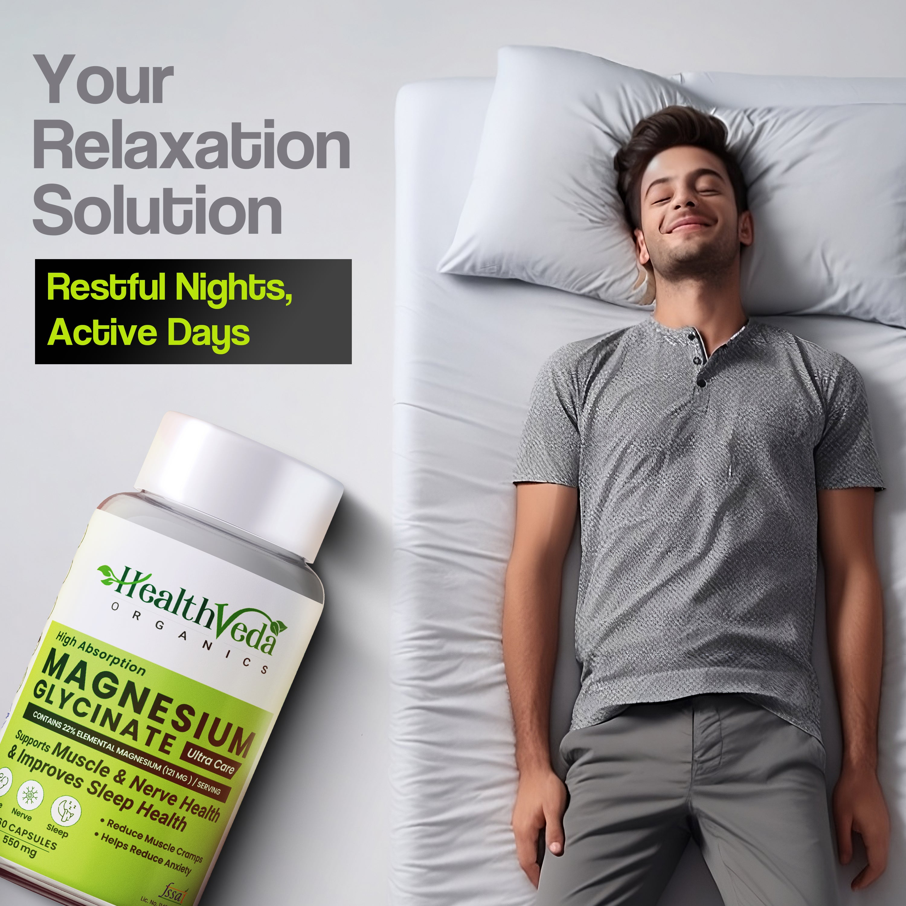 Health Veda Organics High Absorption Magnesium Glycinate, 550mg | 60 Veg Capsules | Supports Nerve & Muscle Health