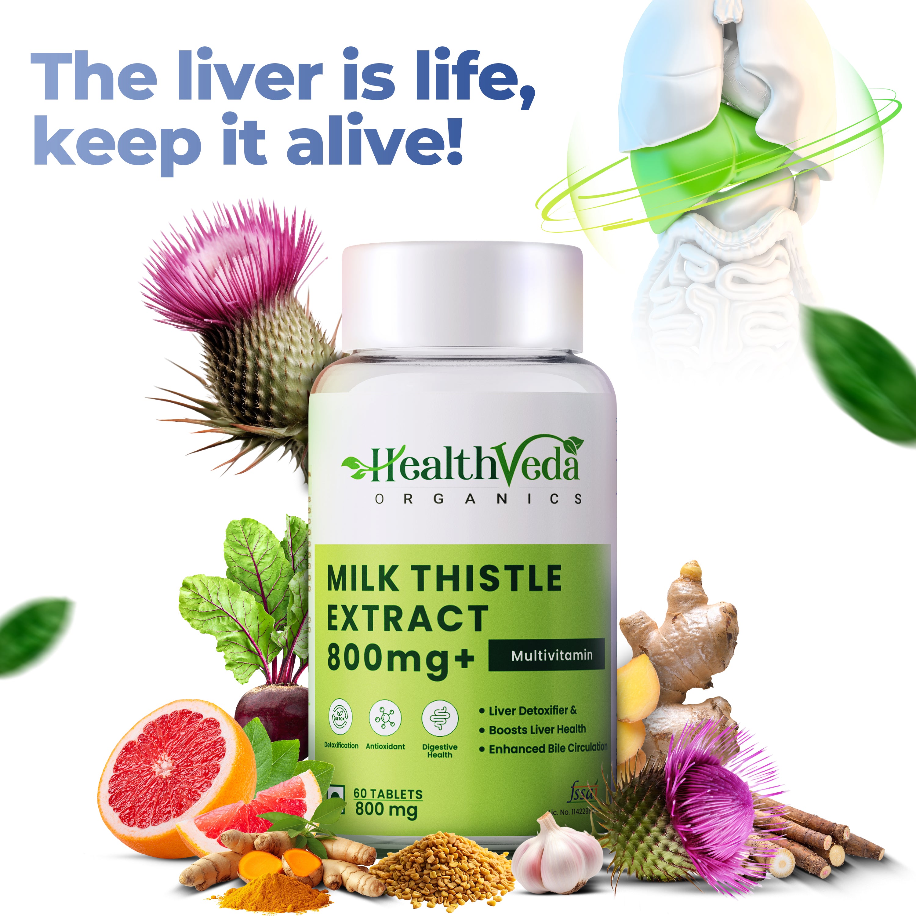 Health Veda Organics Milk Thistle 800 mg Supplement for Healthy Liver Function | Helps In Liver Detox -60 Vegetarian Tablets