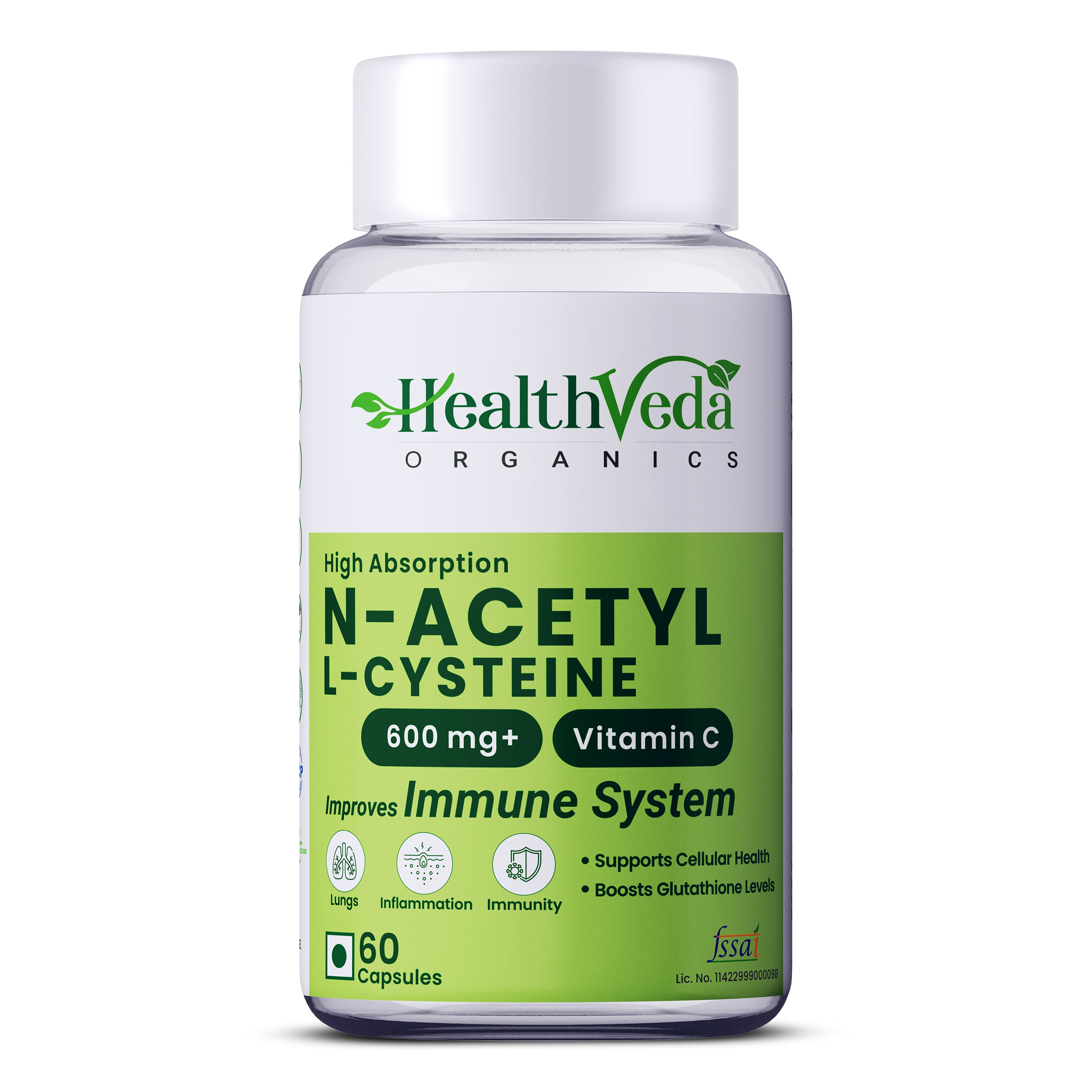 Health Veda Organics N - Acetyl L - Cysteine 500mg | 60 Veg Capsules | Lungs & Respiratory Support| Immune Health |For both Men & Women