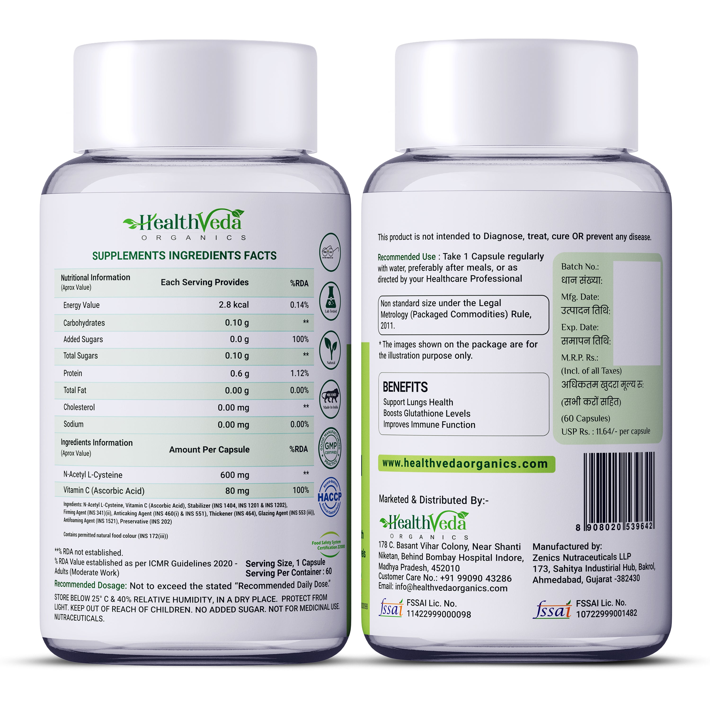 Health Veda Organics N - Acetyl L - Cysteine 500mg | 60 Veg Capsules | Lungs & Respiratory Support| Immune Health |For both Men & Women