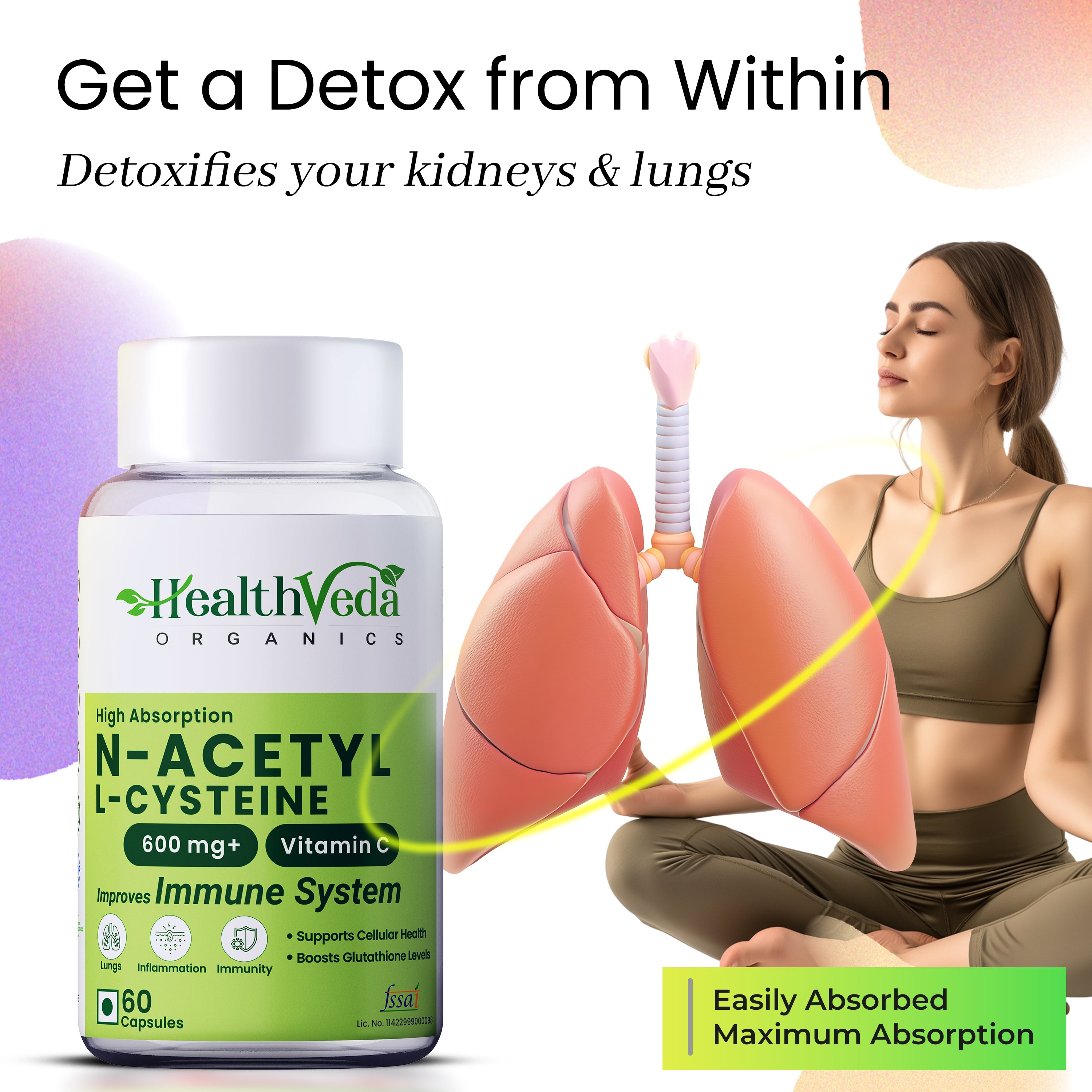 Health Veda Organics N - Acetyl L - Cysteine 500mg | 60 Veg Capsules | Lungs & Respiratory Support| Immune Health |For both Men & Women