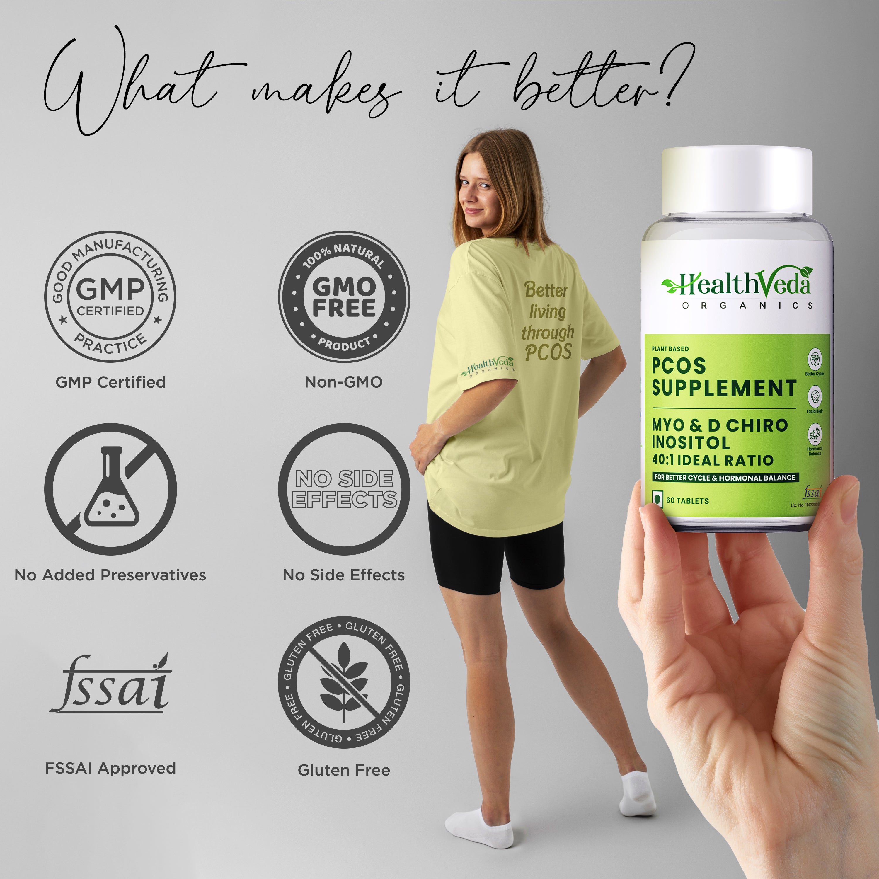 HEALTH VEDA ORGANICS PRIVATE LIMITED Plant Based PCOS With Myo-Inositol 2000Mg, D-Chiro-Inositol 50Mg|60 Veg Tablets|Healthy Regular Menstruation|For Women