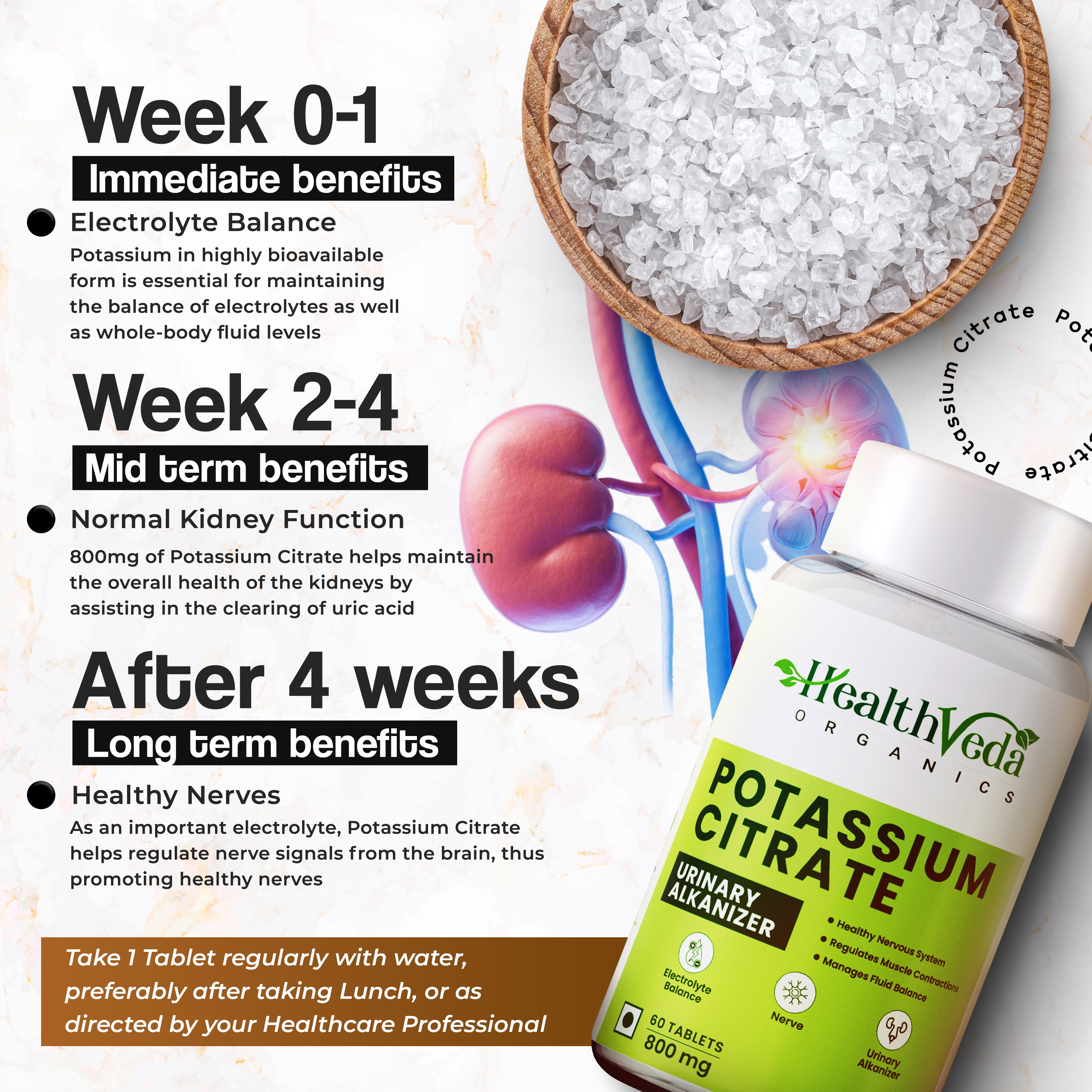 Health Veda Organics Potassium Citrate, 800 mg Tablets for Nerve, Muscle, Joint | Manages Fluid Balance | 60 Veg Tablets