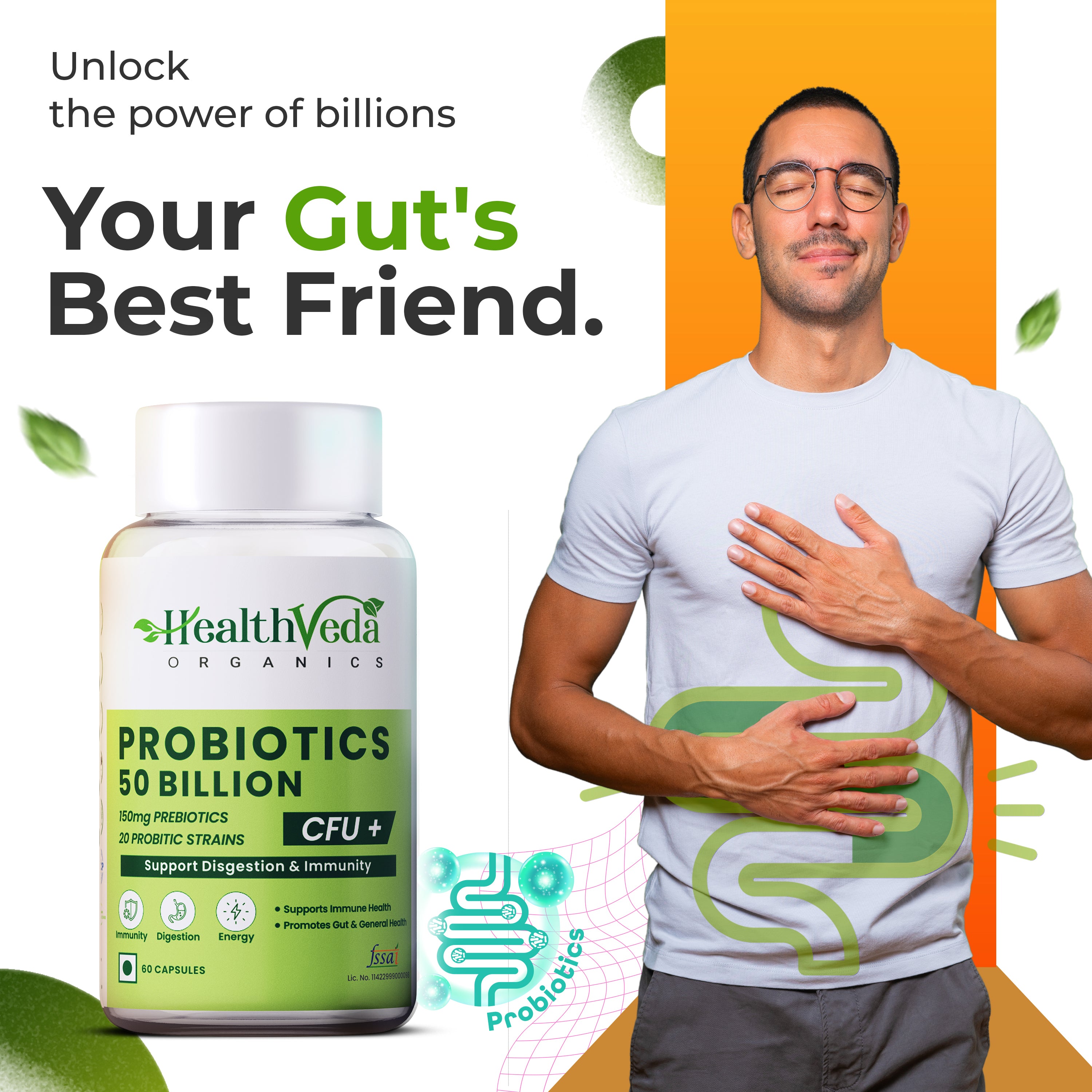 Health Veda Organics Probiotics 50 Billion CFU Multi-Strains | 60 Veg Capsules | 10X Better Digestion, Immunity Support | Improves Gut Health | For Both Men & Women