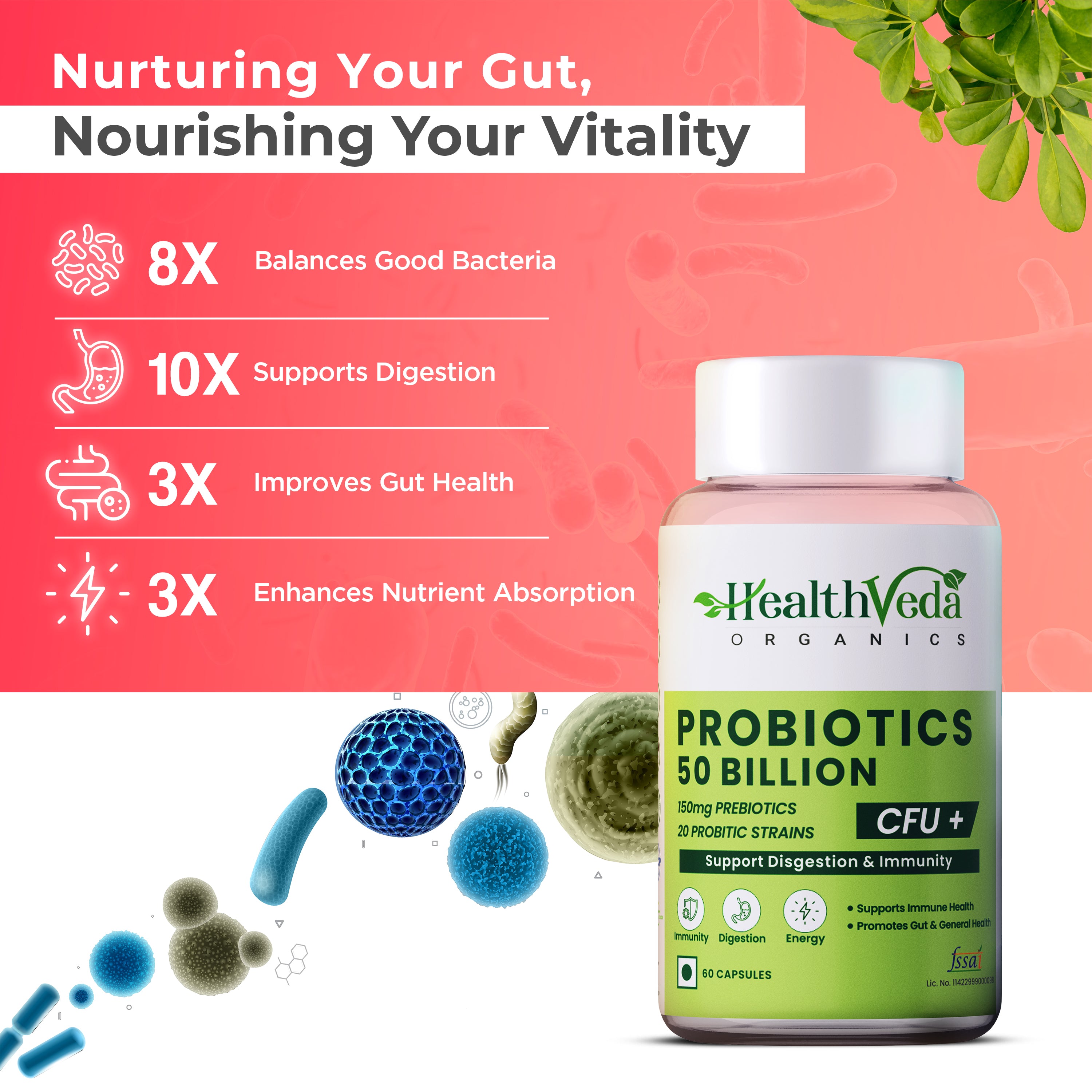 Health Veda Organics Probiotics 50 Billion CFU Multi-Strains | 60 Veg Capsules | 10X Better Digestion, Immunity Support | Improves Gut Health | For Both Men & Women