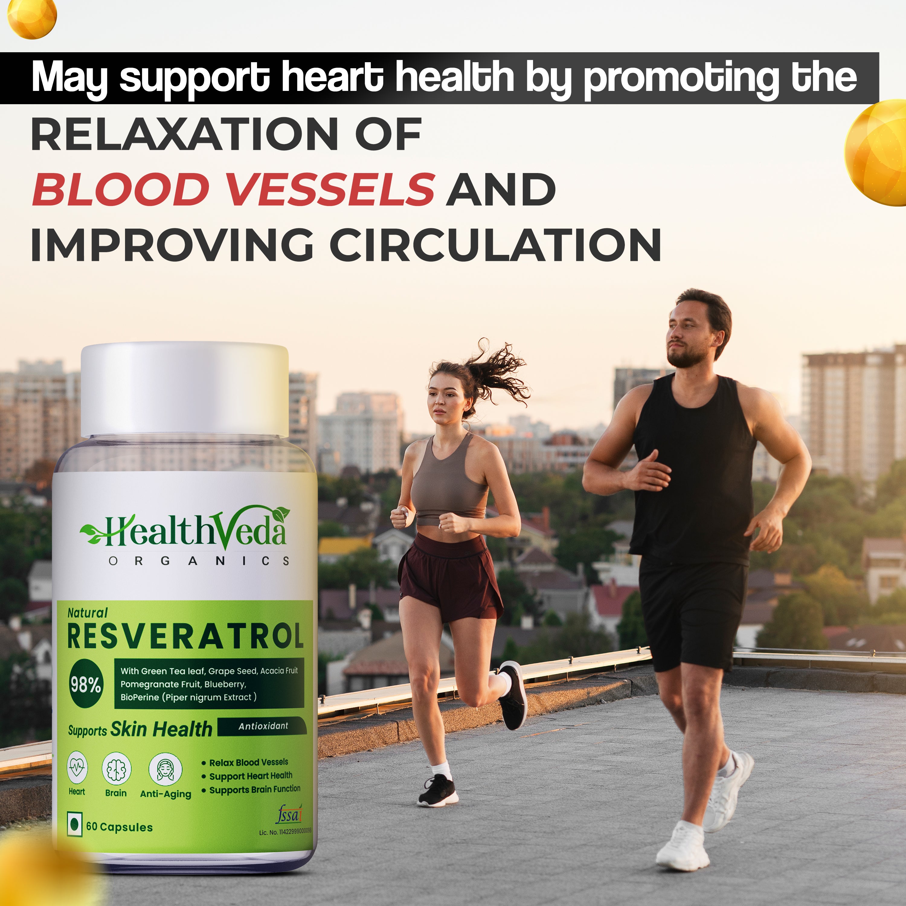 Health Veda Organics Resveratrol 250mg with Grape Seed, Green Tea, Pomegranate & Blueberry Extracts | BioPerine for Enhanced Absorption | Antioxidant Support | 60 Veg Capsules