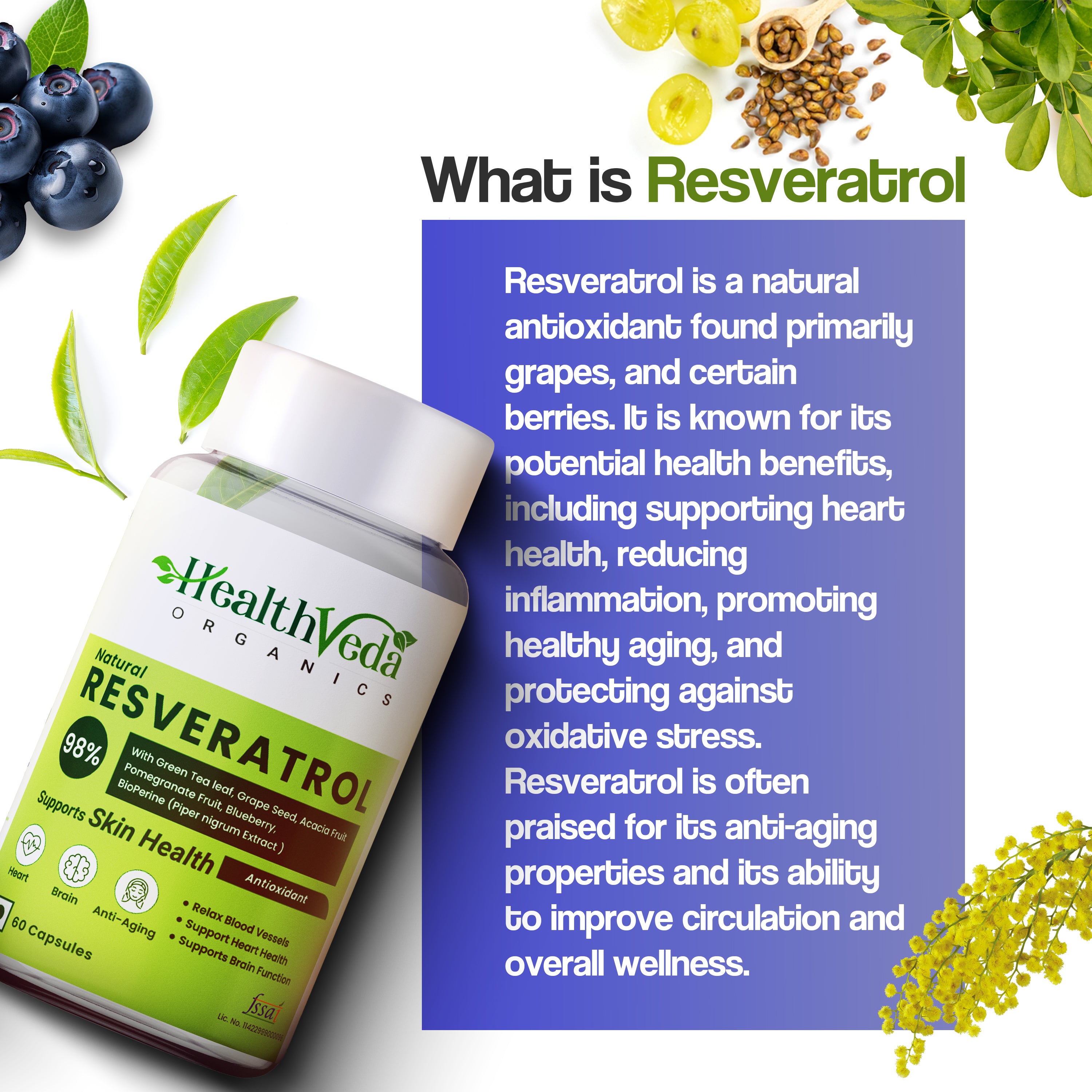 Health Veda Organics Resveratrol 250mg with Grape Seed, Green Tea, Pomegranate & Blueberry Extracts | BioPerine for Enhanced Absorption | Antioxidant Support | 60 Veg Capsules