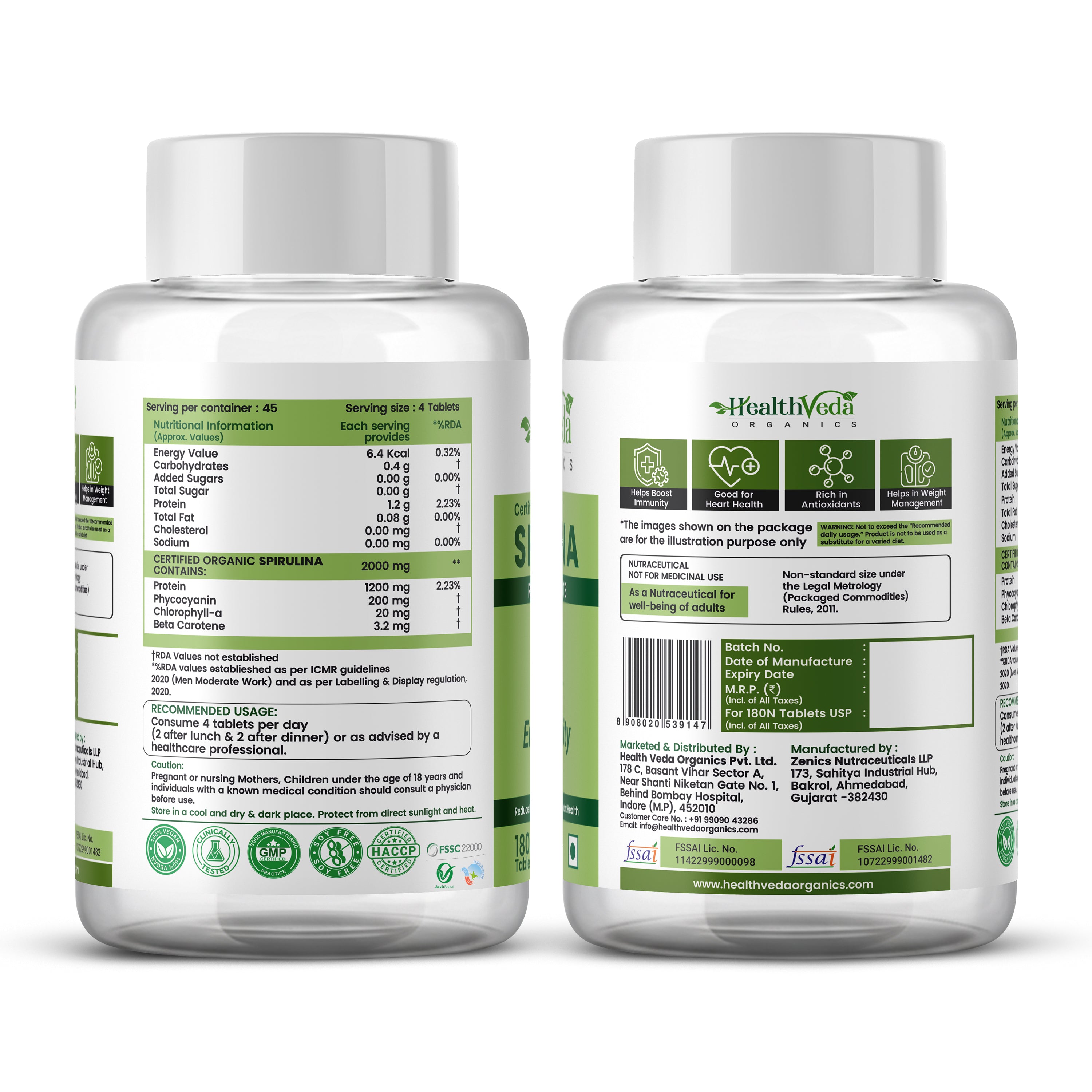 Health Veda Organics 100% Organic Spirulina Powder Tablets 2000mg Per Serving | Natural Superfood for Daily Nutrition, Supports Energy, Immunity & Detox | Certified Spirulina Supplement - 180 Tablets