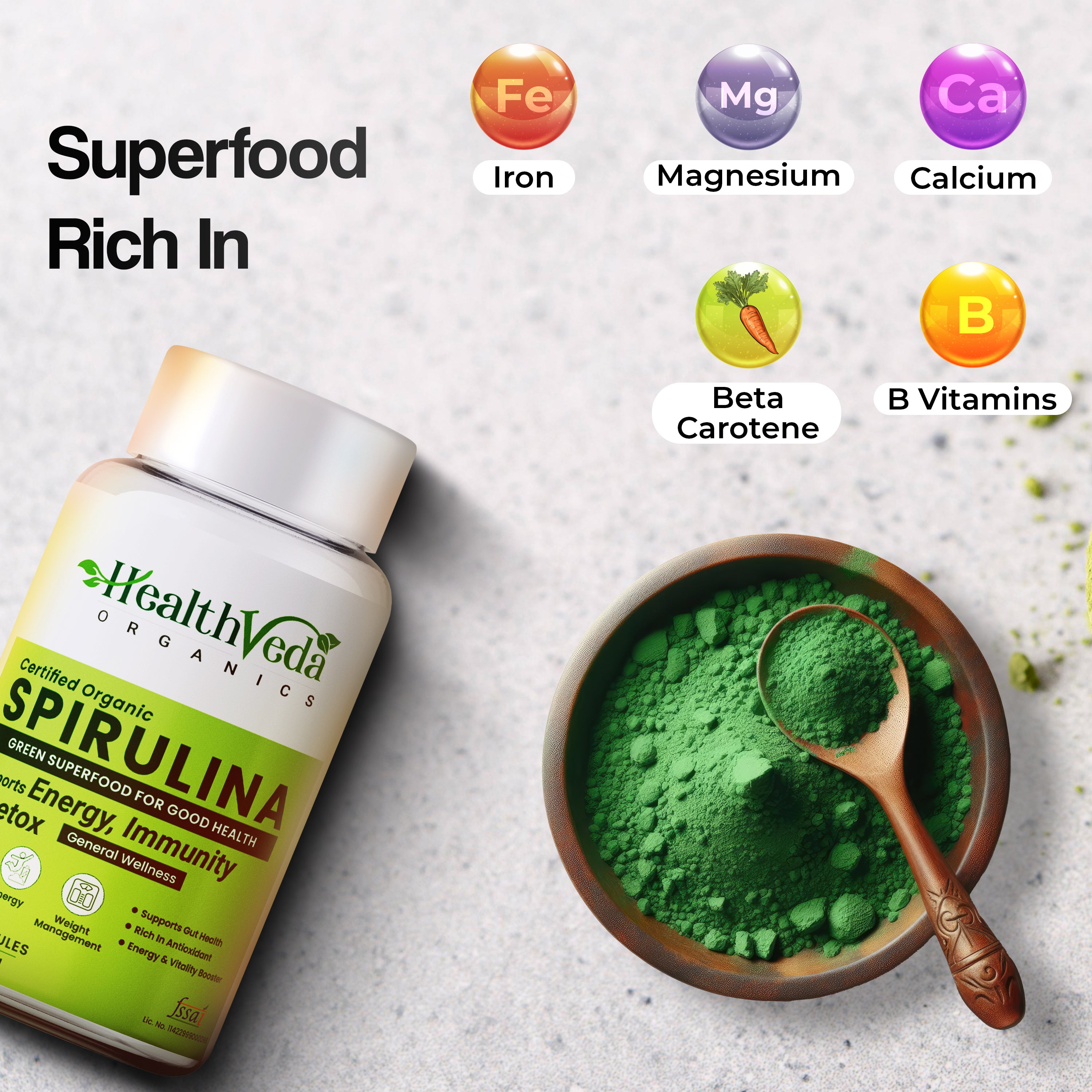Health Veda Organics Spirulina Capsules 2000mg | Green Food for Good Health Weight Management & Immunity Booster - 120 Vegetarian Capsules