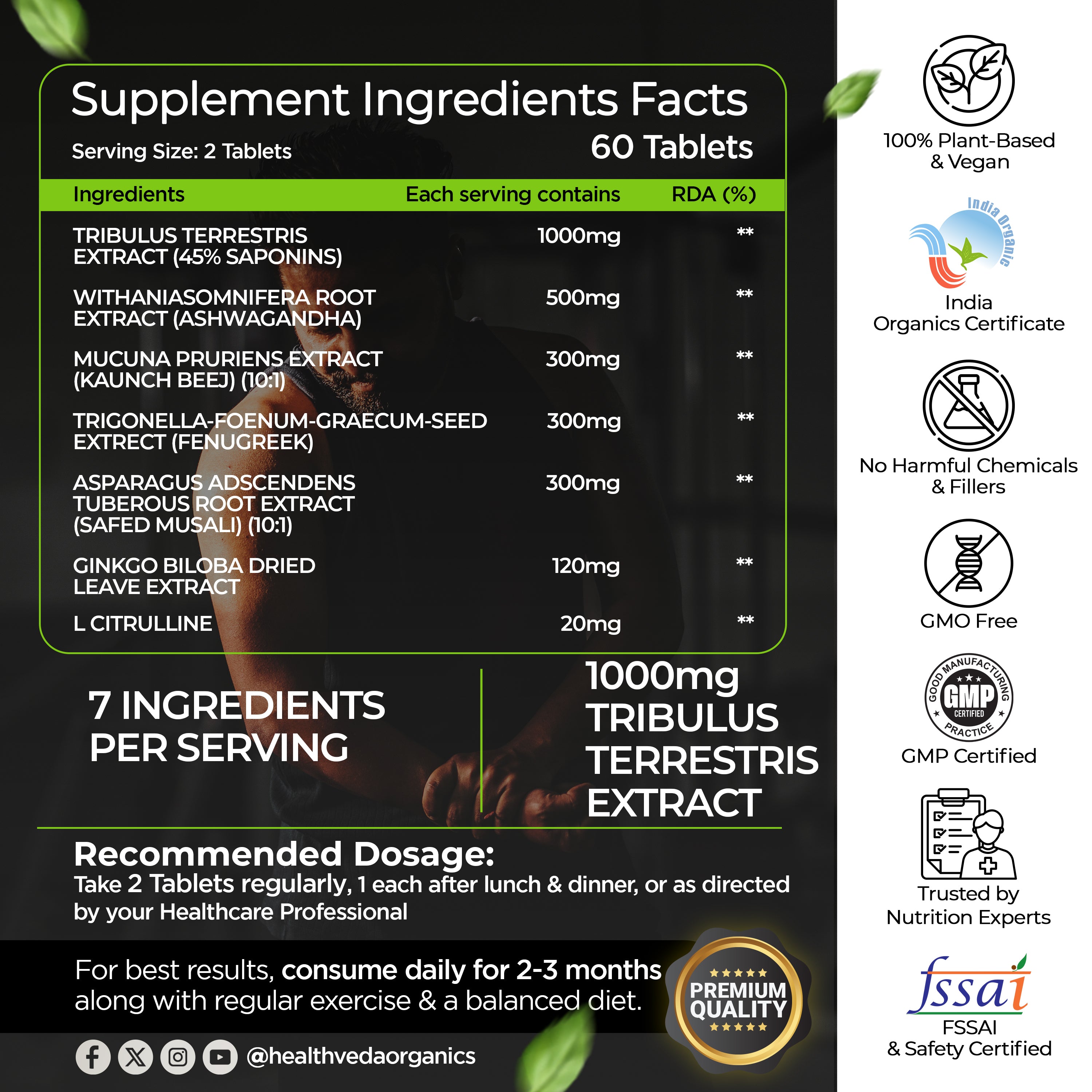 Health Veda Organics Plant Based Testo+ | With Tribulus, Ashwagandha & Kaunch Beej | Wellness & Vitality Support | 60 Veg Tablets for Men